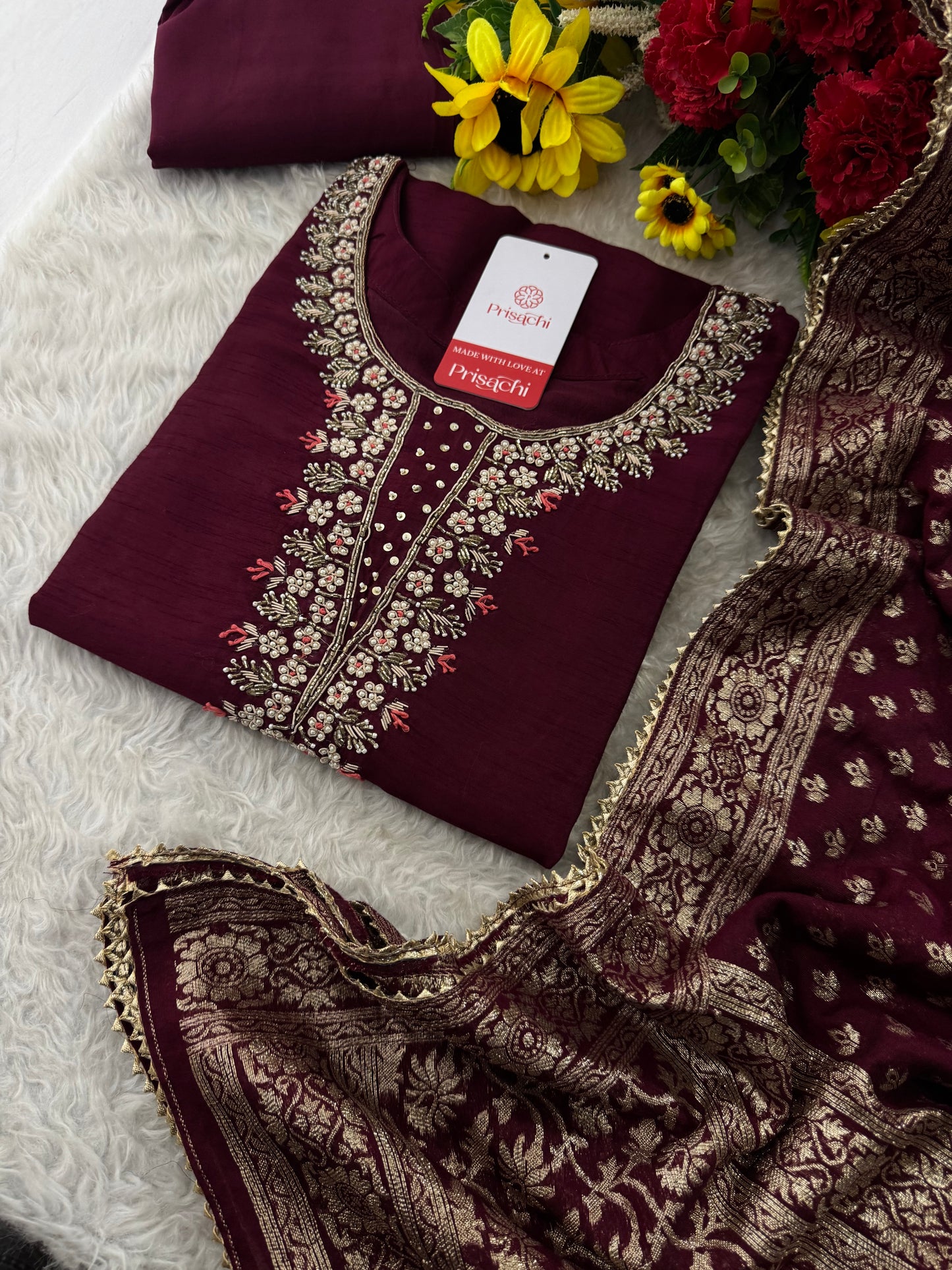 Wine Embroidered Designer Ethnic Kurta Set with Pants & Banarasi Dupatta | Festive and Traditional Wear