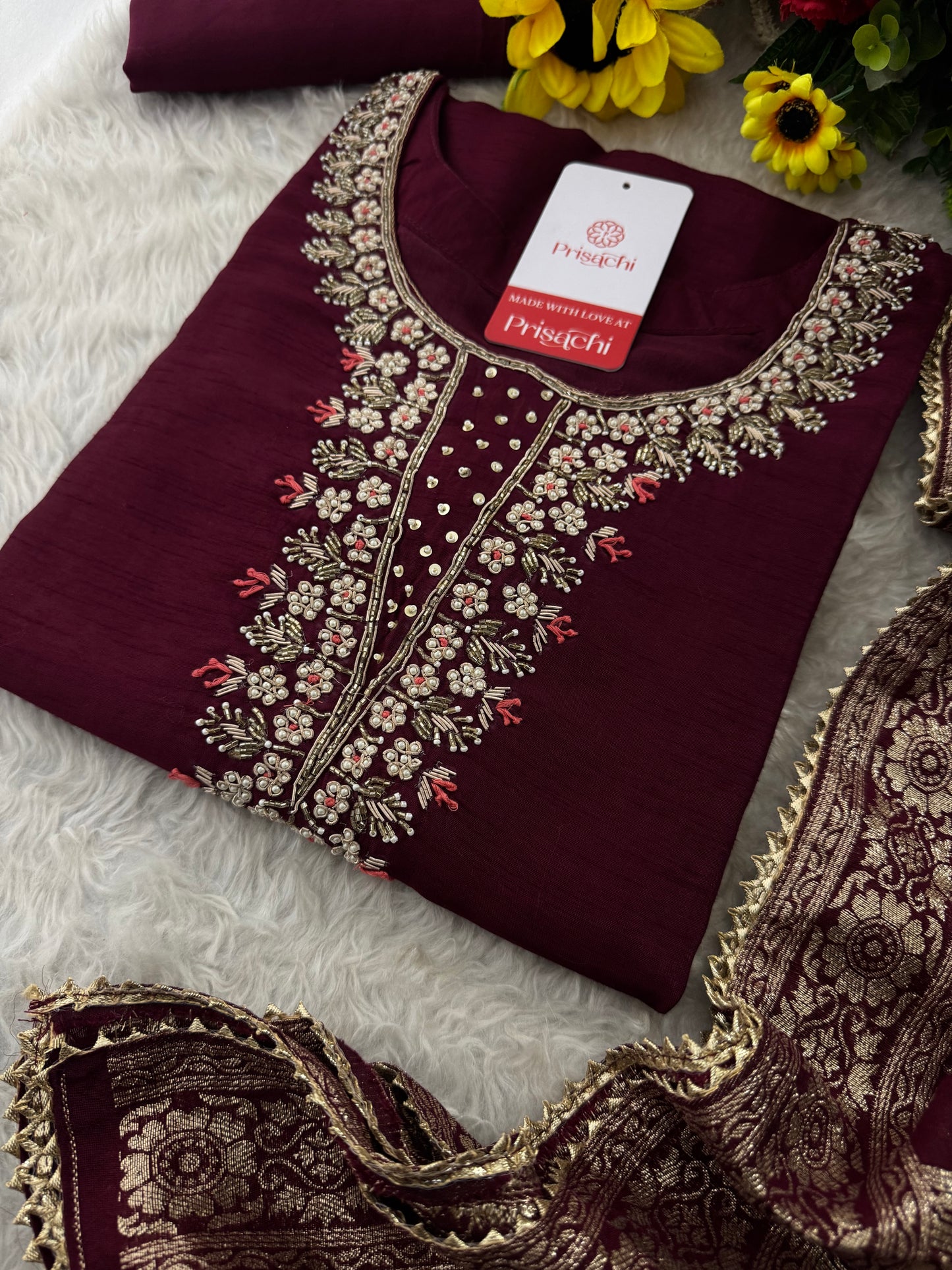 Wine Embroidered Designer Ethnic Kurta Set with Pants & Banarasi Dupatta | Festive and Traditional Wear
