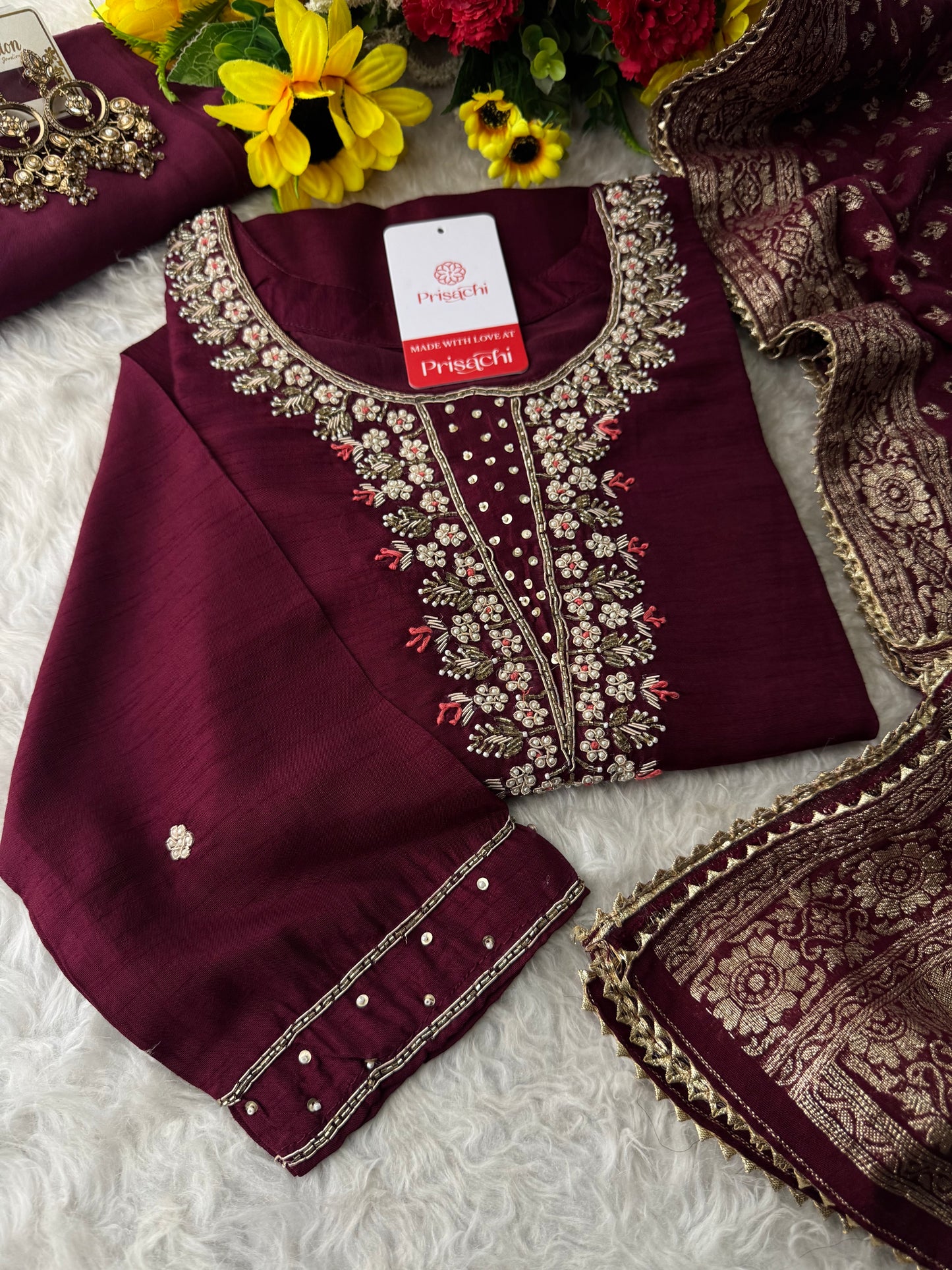 Wine Embroidered Designer Ethnic Kurta Set with Pants & Banarasi Dupatta | Festive and Traditional Wear