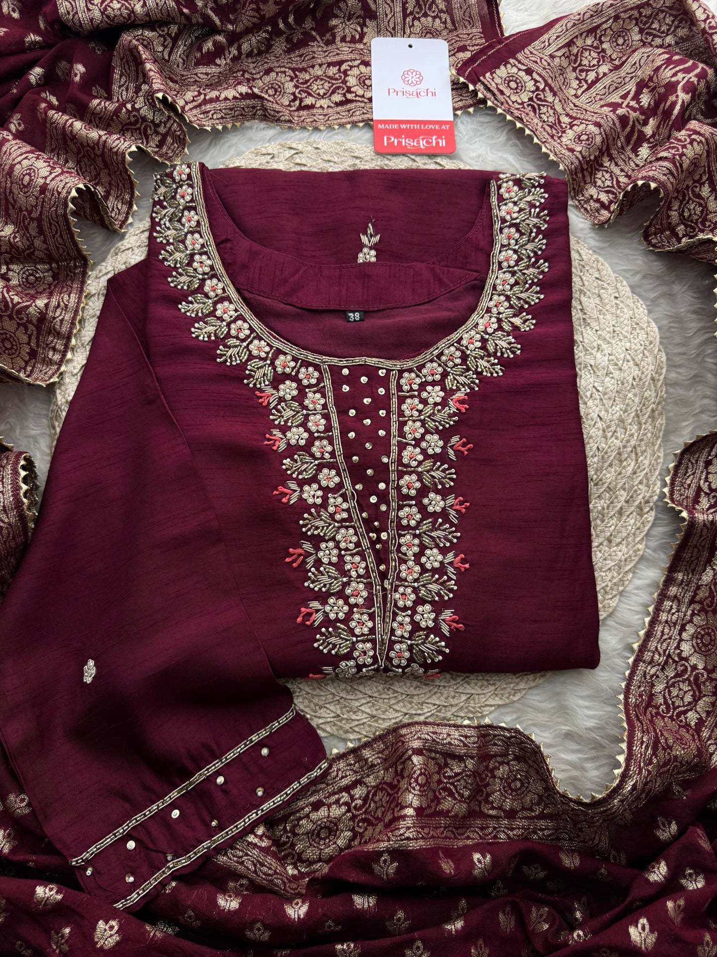 Wine Embroidered Designer Ethnic Kurta Set with Pants & Banarasi Dupatta | Festive and Traditional Wear