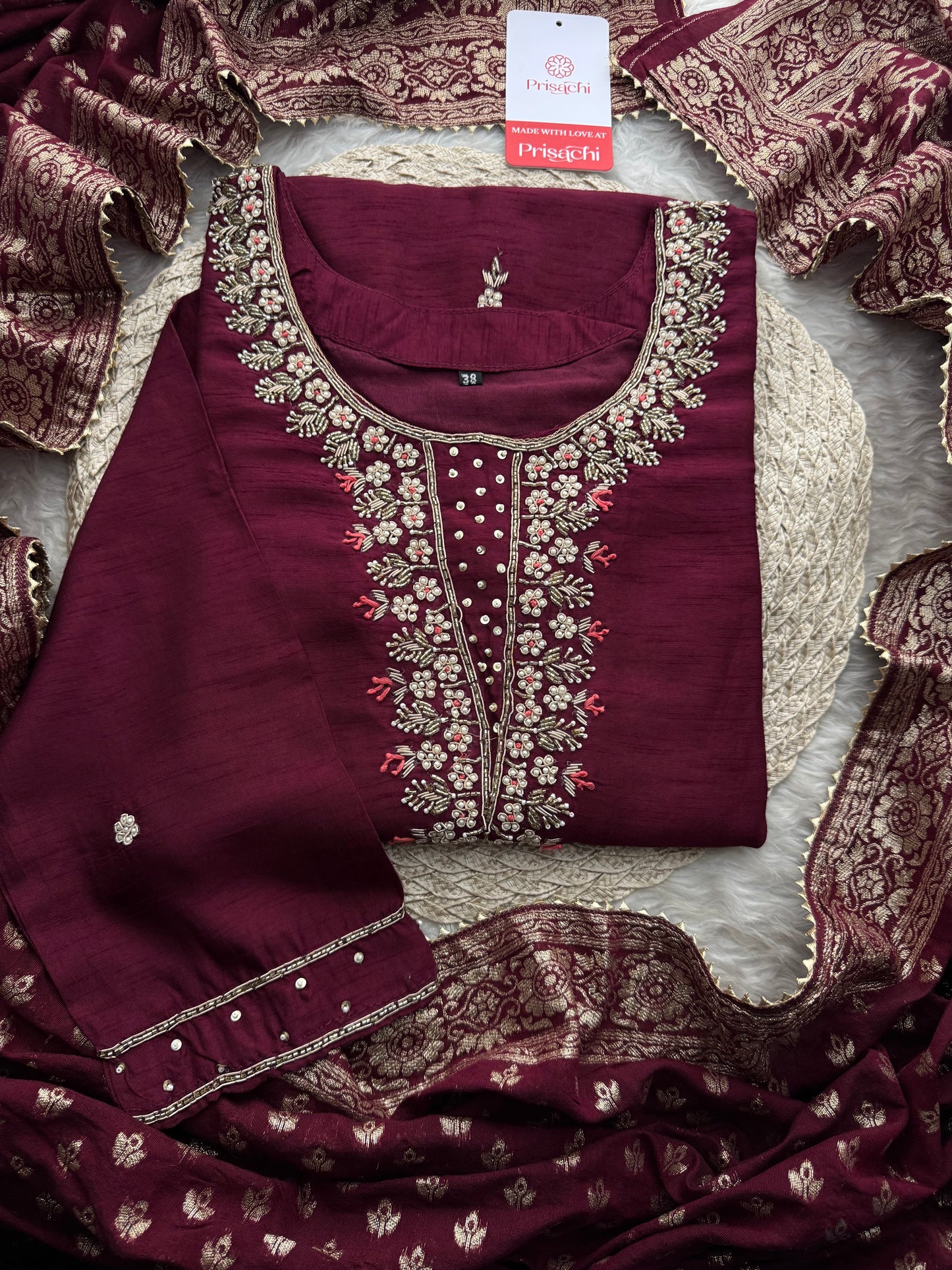 Wine Embroidered Designer Ethnic Kurta Set with Pants & Banarasi Dupatta | Festive and Traditional Wear