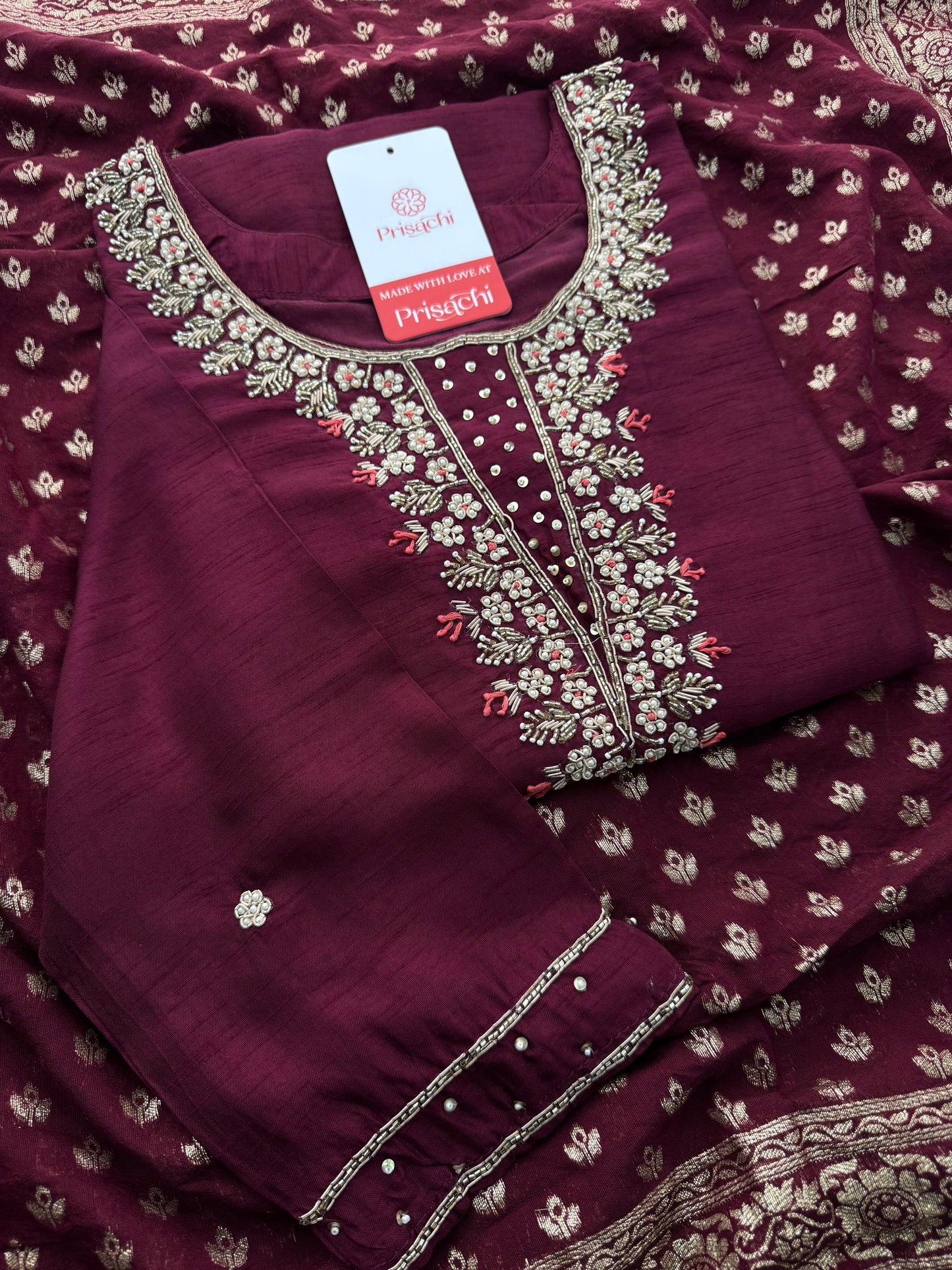 Wine Embroidered Designer Ethnic Kurta Set with Pants & Banarasi Dupatta | Festive and Traditional Wear