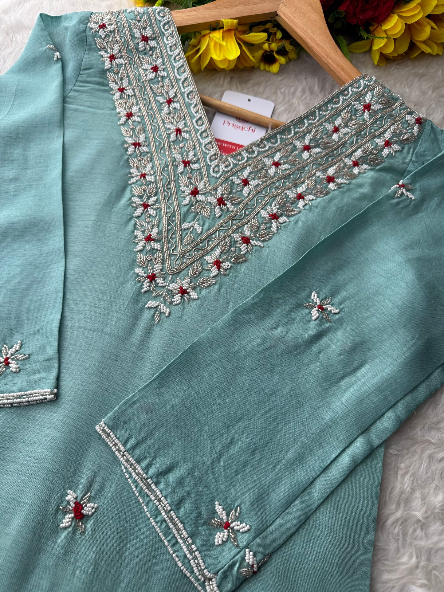 Sky Blue Zardozi Embroidered  Ethnic Kurta Set with Pants and Dupatta