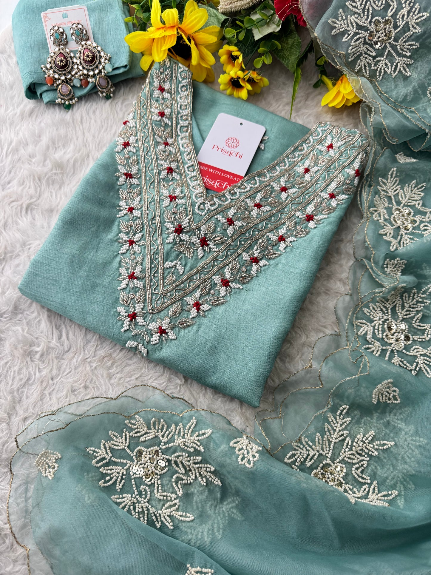 Sky Blue Zardozi Embroidered  Ethnic Kurta Set with Pants and Dupatta