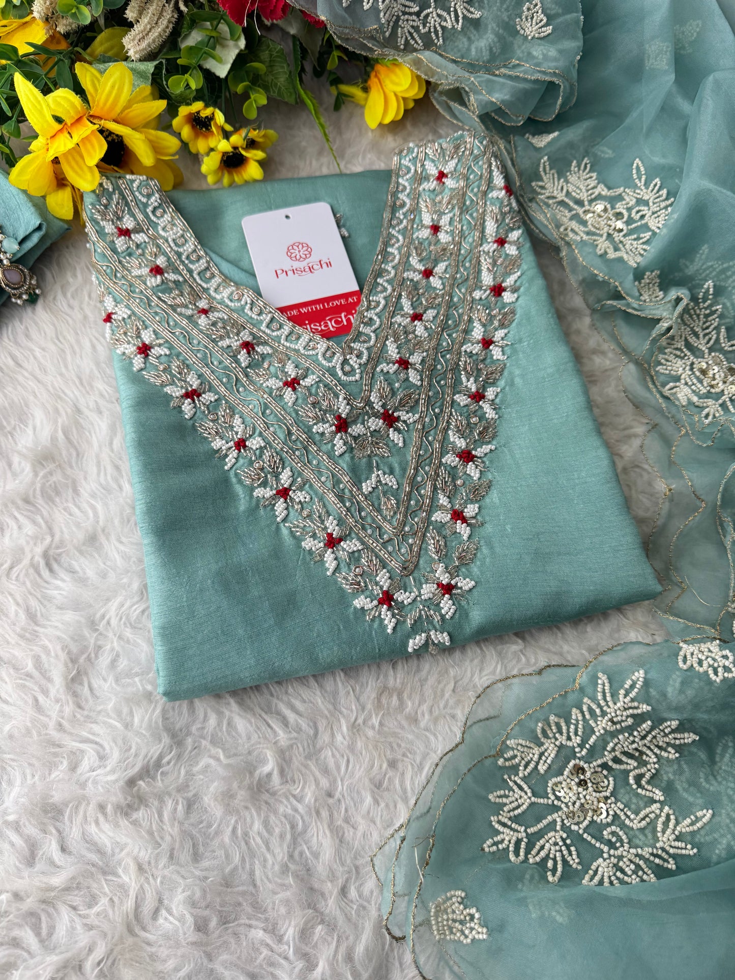 Sky Blue Zardozi Embroidered  Ethnic Kurta Set with Pants and Dupatta