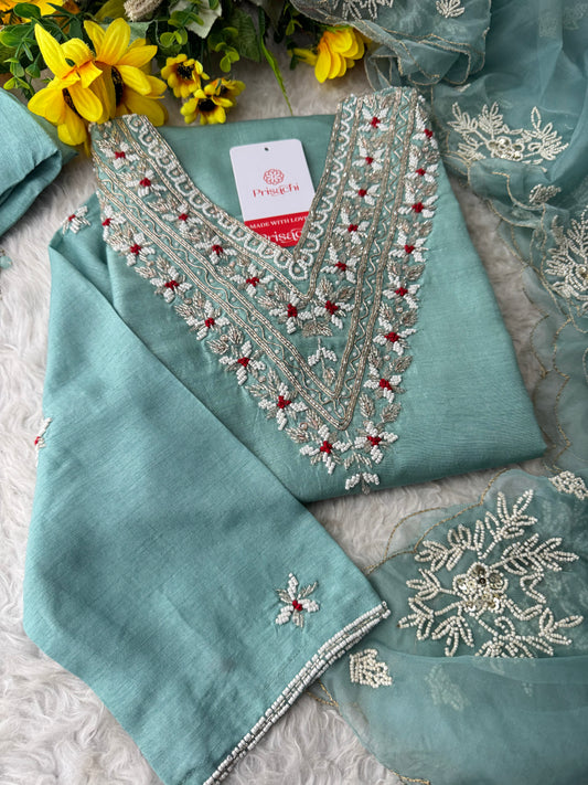 Sky Blue Zardozi Embroidered  Ethnic Kurta Set with Pants and Dupatta