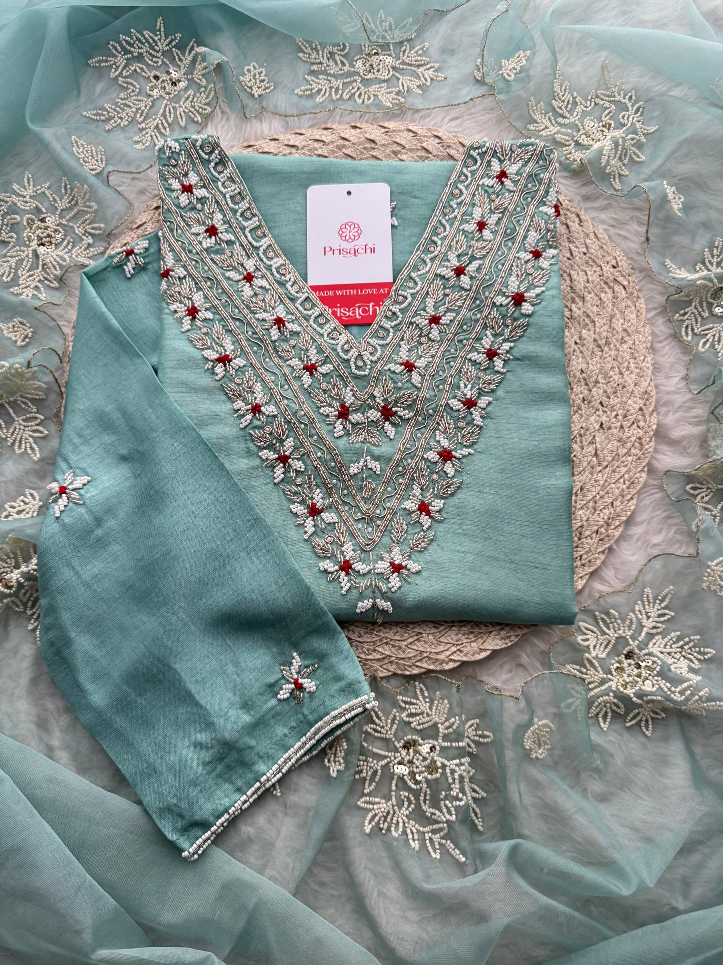 Sky Blue Zardozi Embroidered  Ethnic Kurta Set with Pants and Dupatta