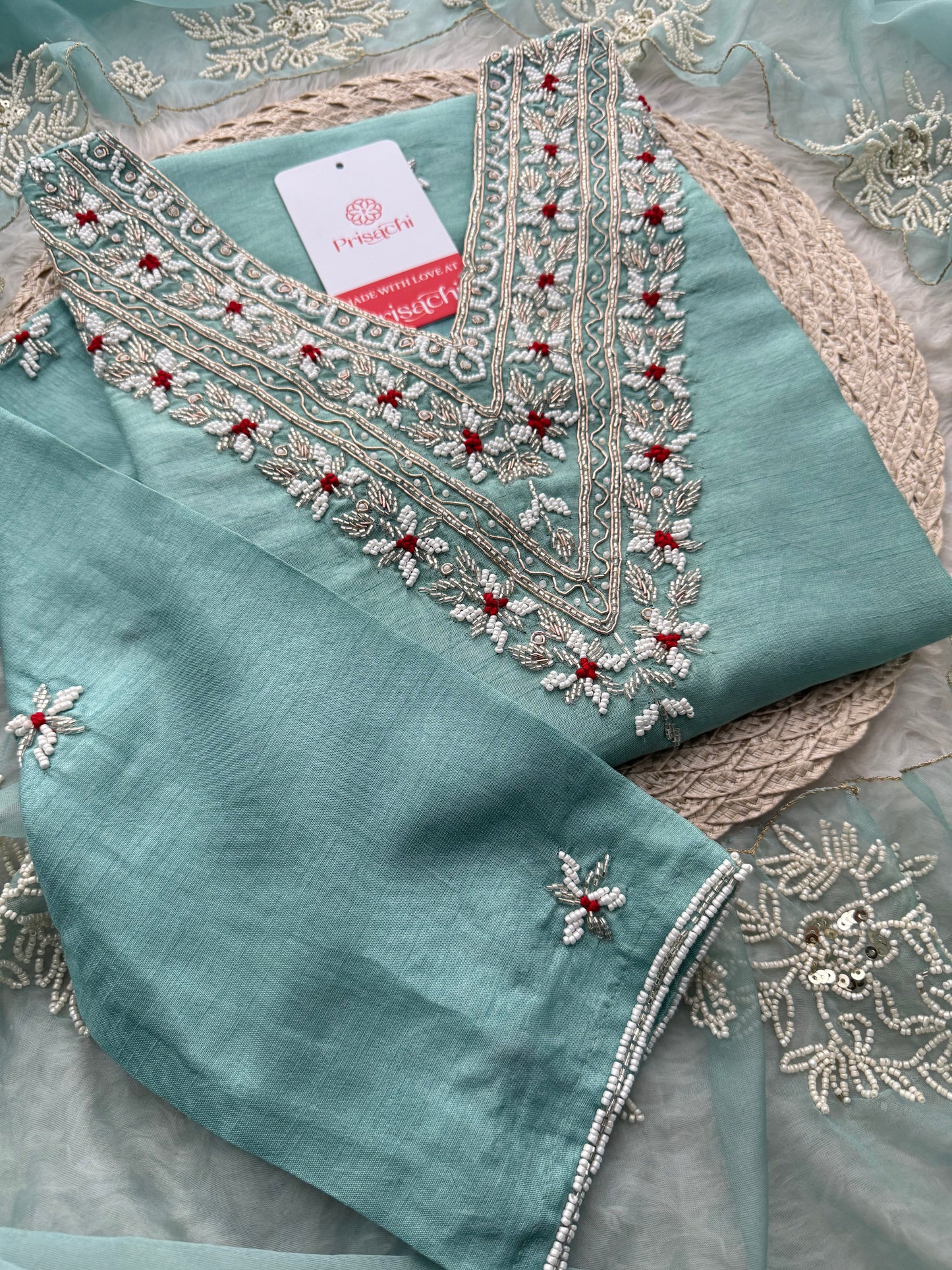 Sky Blue Zardozi Embroidered  Ethnic Kurta Set with Pants and Dupatta