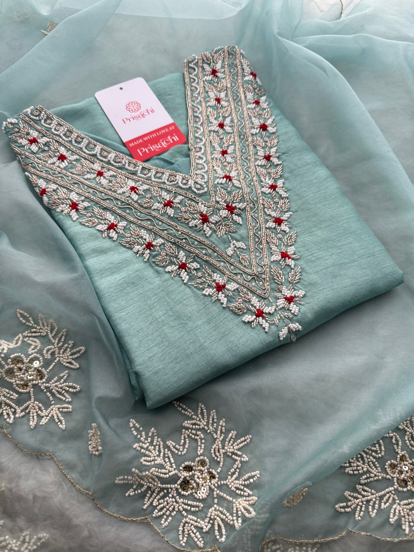 Sky Blue Zardozi Embroidered  Ethnic Kurta Set with Pants and Dupatta