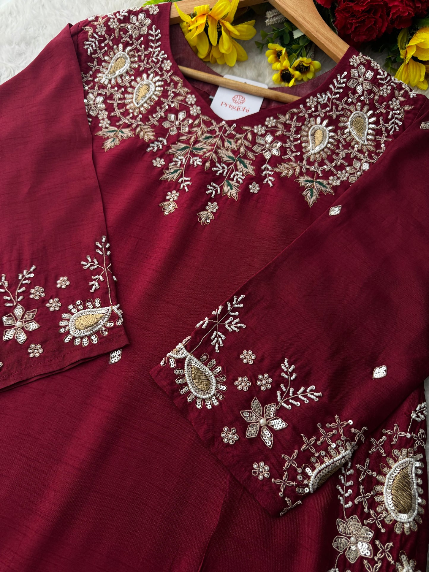 Maroon Zardozi Embroidered Kurta Set for Women with Pants & Banarasi Dupatta | Traditional Ethnic wear