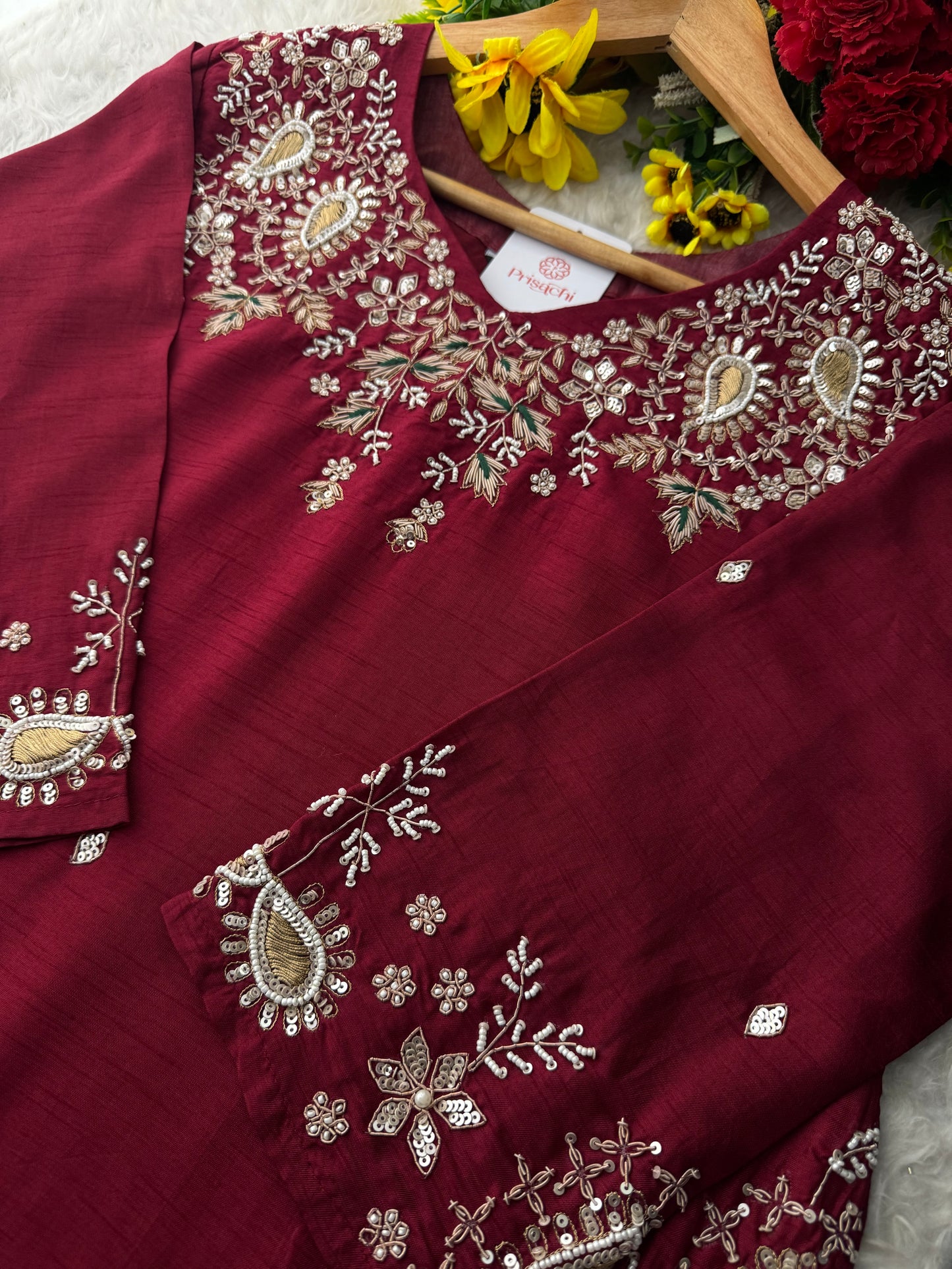 Maroon Zardozi Embroidered Kurta Set for Women with Pants & Banarasi Dupatta | Traditional Ethnic wear