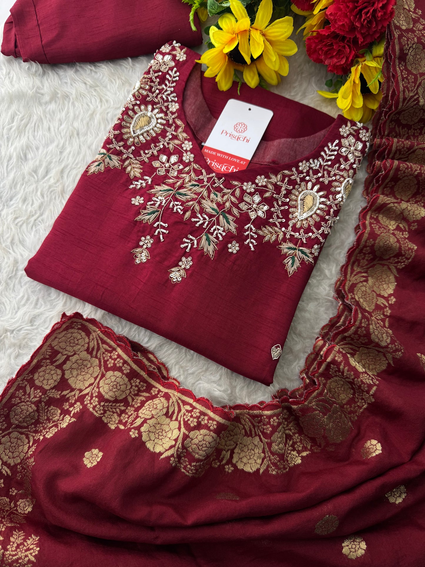 Maroon Zardozi Embroidered Kurta Set for Women with Pants & Banarasi Dupatta | Traditional Ethnic wear