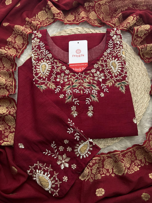 Maroon Zardozi Embroidered Kurta Set for Women with Pants & Banarasi Dupatta | Traditional Ethnic wear