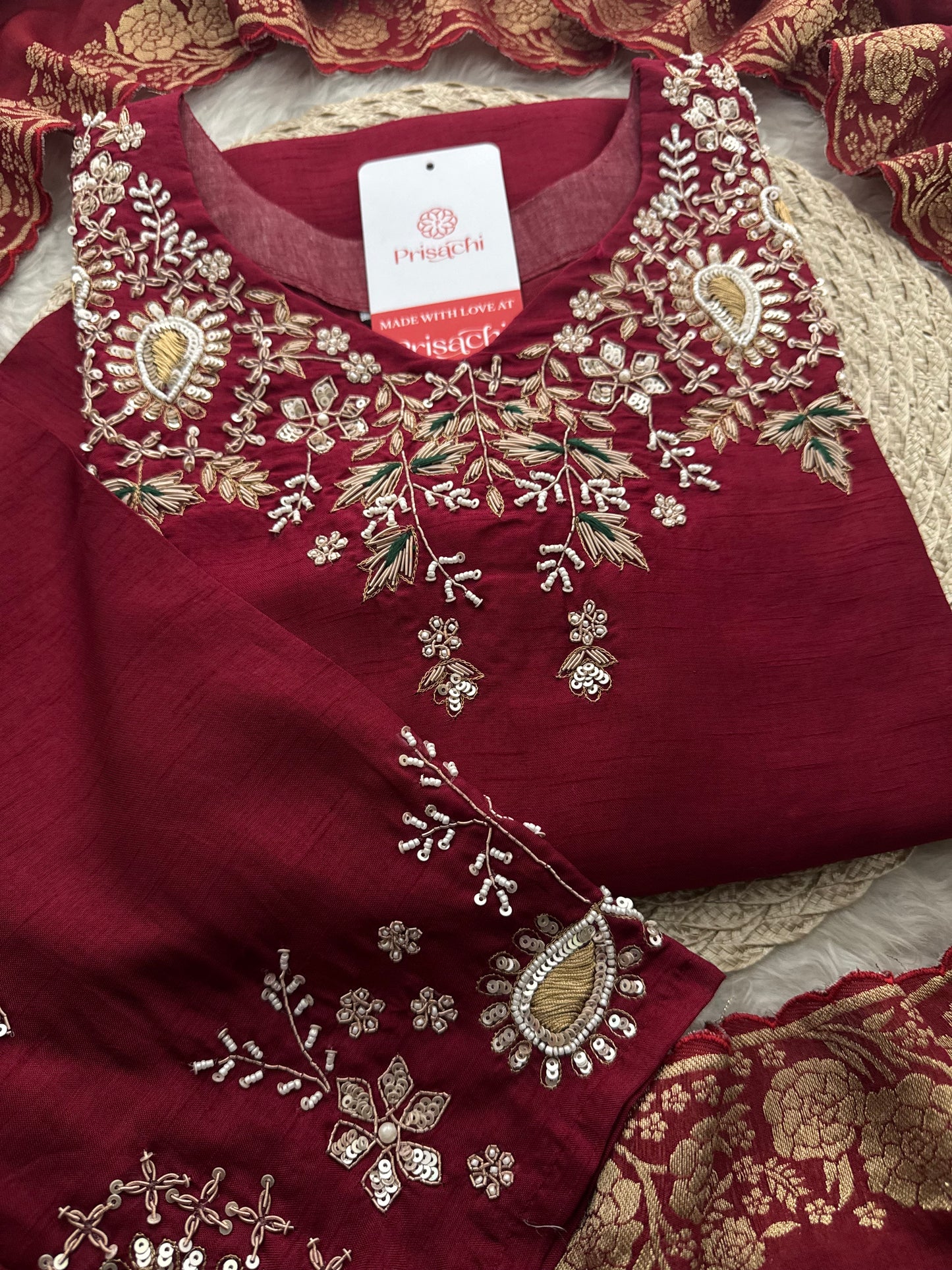 Maroon Zardozi Embroidered Kurta Set for Women with Pants & Banarasi Dupatta | Traditional Ethnic wear