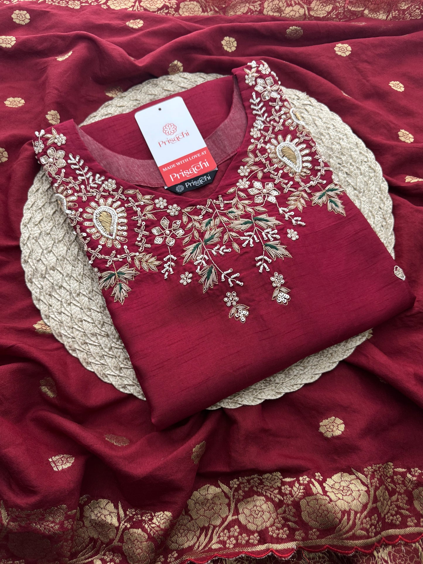 Maroon Zardozi Embroidered Kurta Set for Women with Pants & Banarasi Dupatta | Traditional Ethnic wear