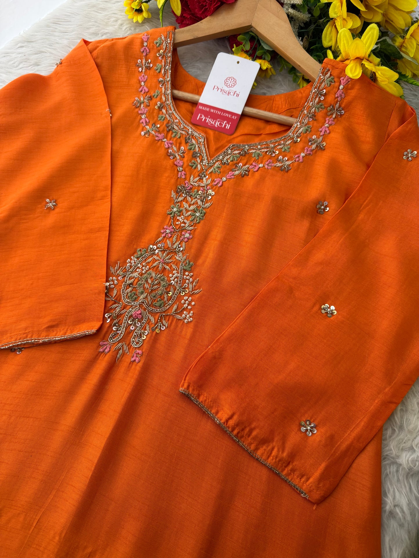 Orange Zardozi Embroidered Ethnic Kurta Set for Women with Dupatta & Pants | Designer Traditional Suit Set