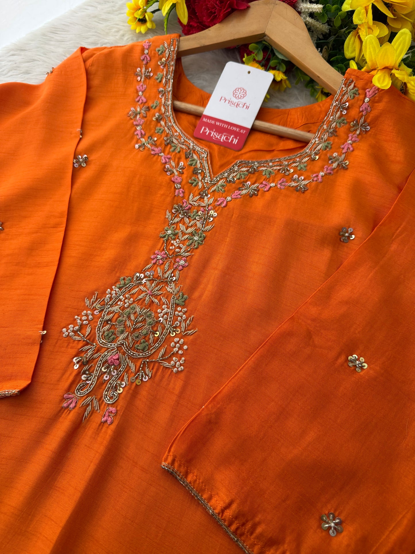 Orange Zardozi Embroidered Ethnic Kurta Set for Women with Dupatta & Pants | Designer Traditional Suit Set