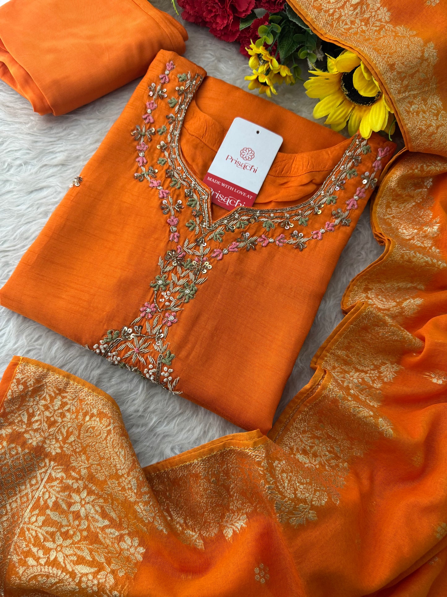 Orange Zardozi Embroidered Ethnic Kurta Set for Women with Dupatta & Pants | Designer Traditional Suit Set
