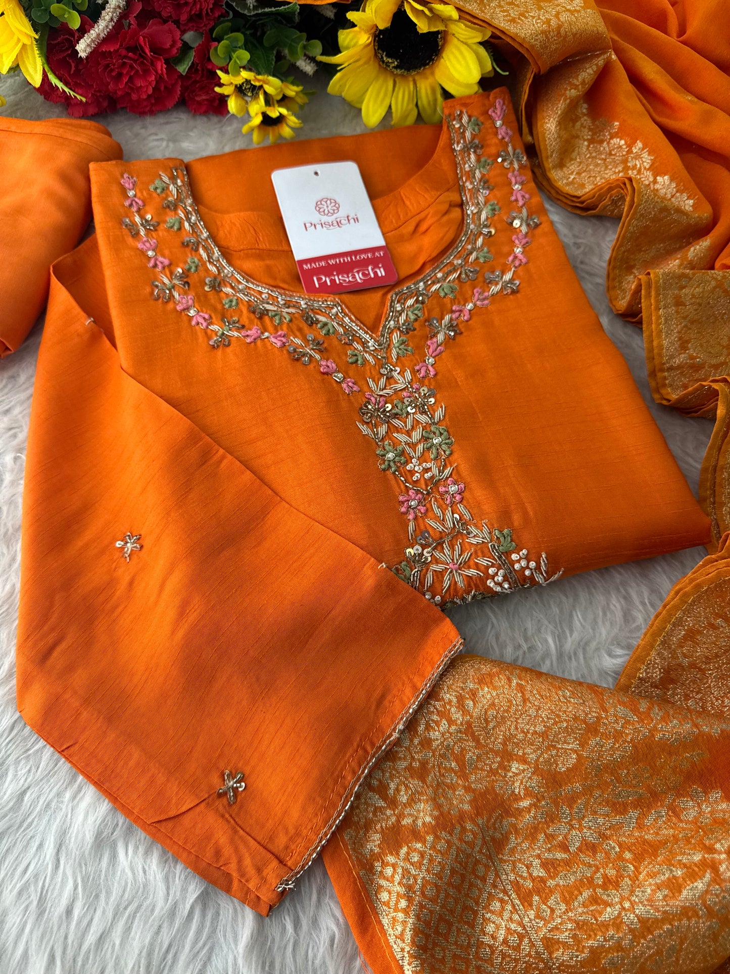 Orange Zardozi Embroidered Ethnic Kurta Set for Women with Dupatta & Pants | Designer Traditional Suit Set