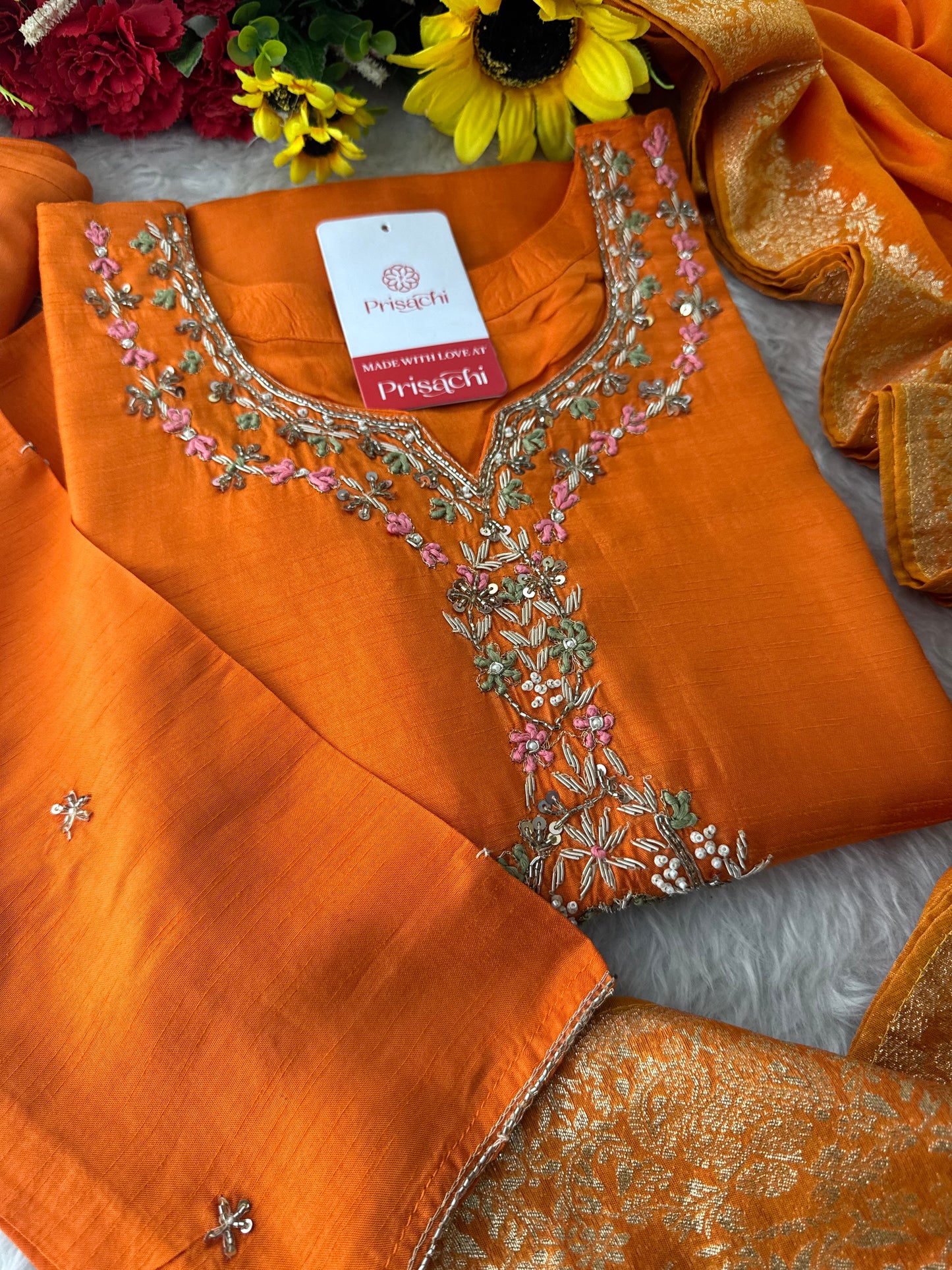 Orange Zardozi Embroidered Ethnic Kurta Set for Women with Dupatta & Pants | Designer Traditional Suit Set