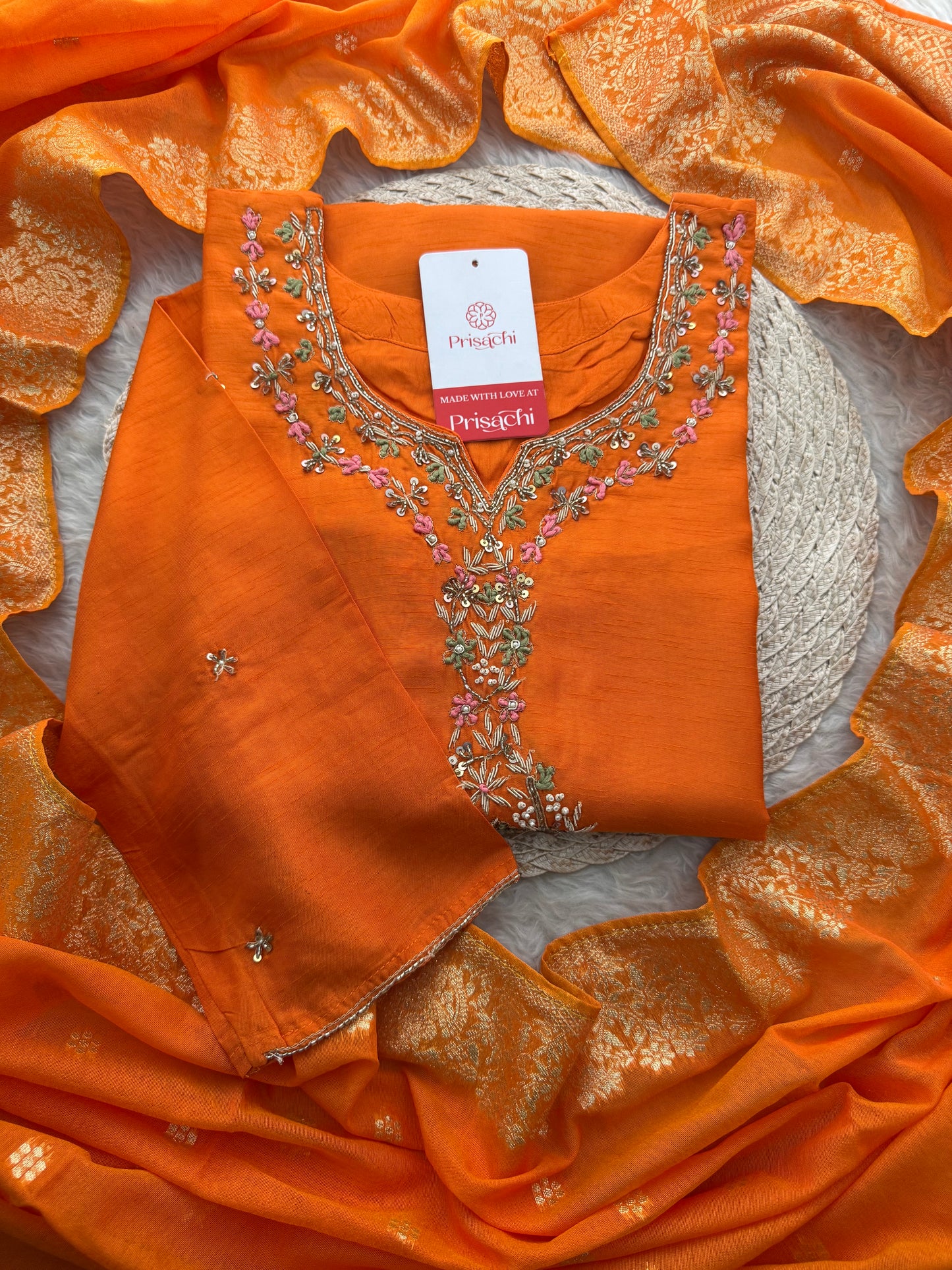 Orange Zardozi Embroidered Ethnic Kurta Set for Women with Dupatta & Pants | Designer Traditional Suit Set