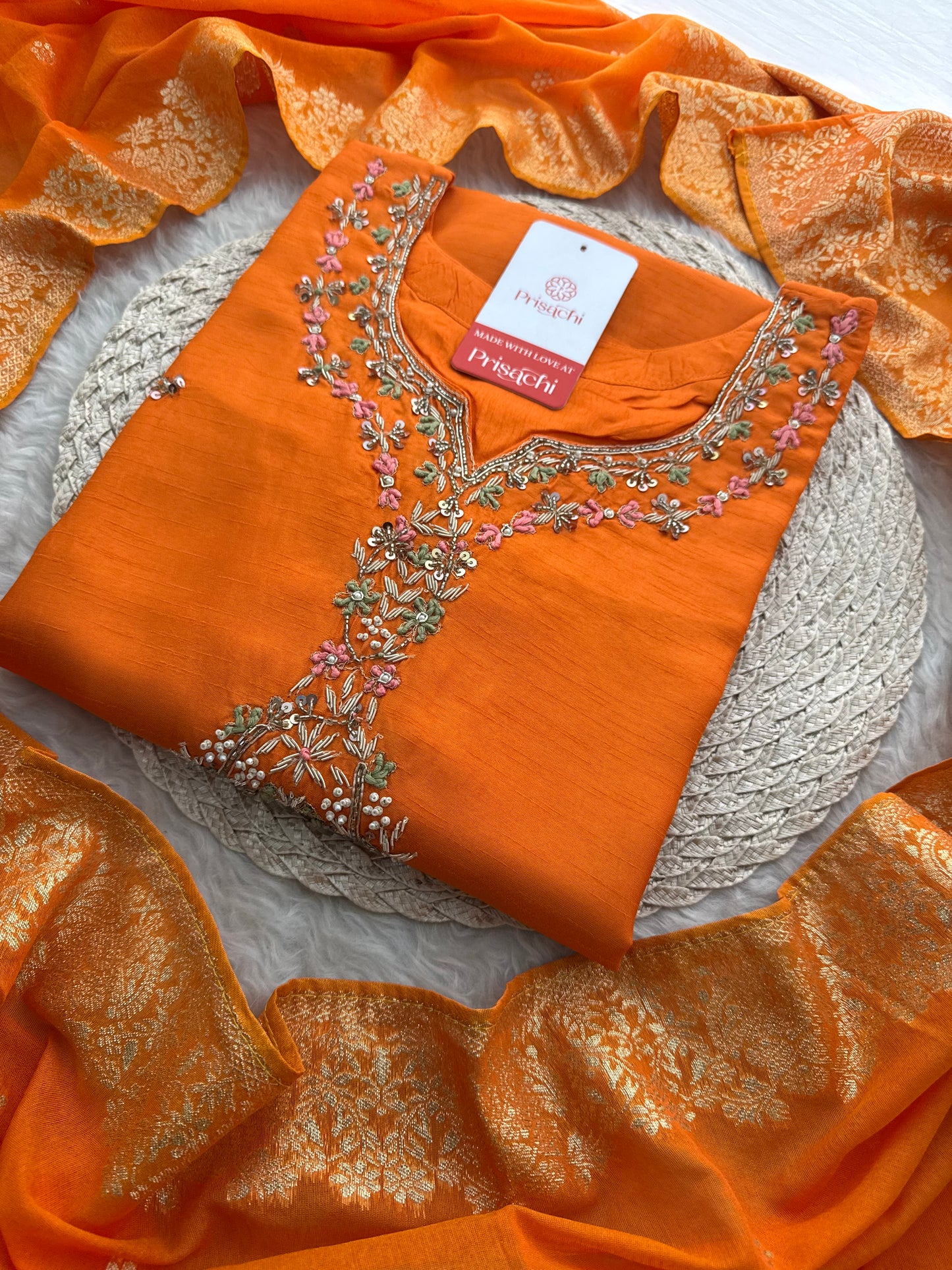 Orange Zardozi Embroidered Ethnic Kurta Set for Women with Dupatta & Pants | Designer Traditional Suit Set