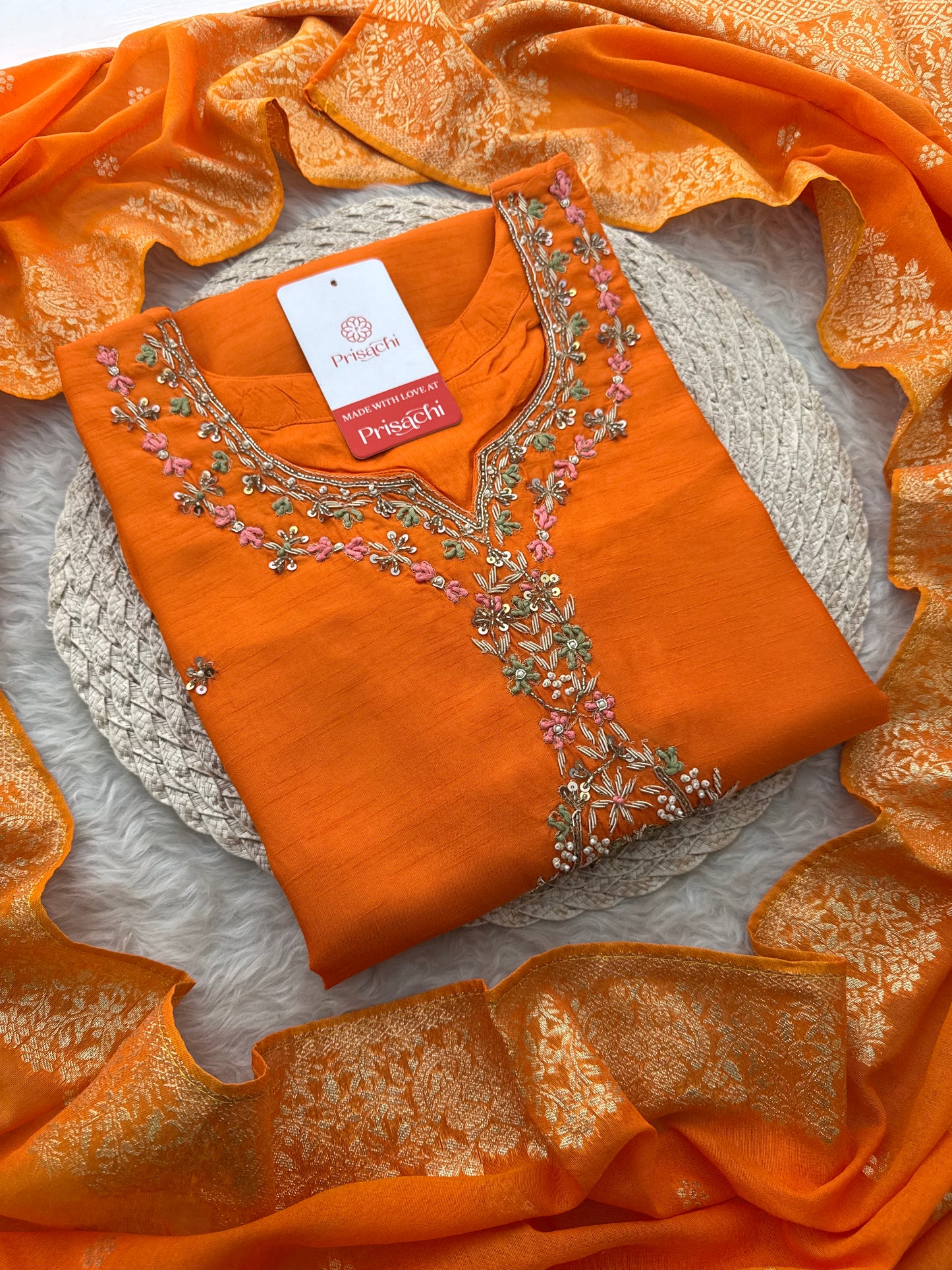 Orange Zardozi Embroidered Ethnic Kurta Set for Women with Dupatta & Pants | Designer Traditional Suit Set