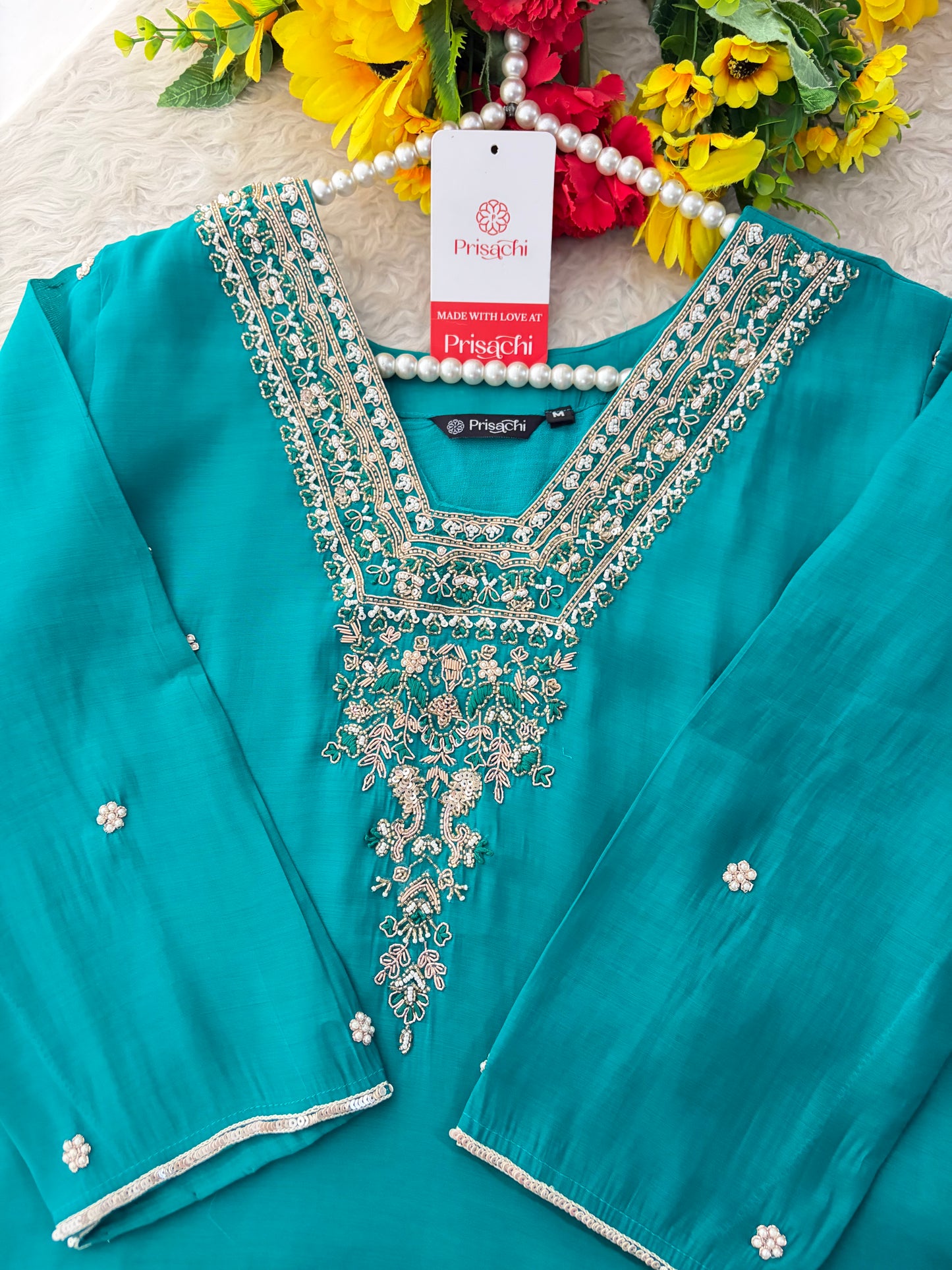 Peacock Green Embroidered Straight Kurta Set with Dupatta and Pants