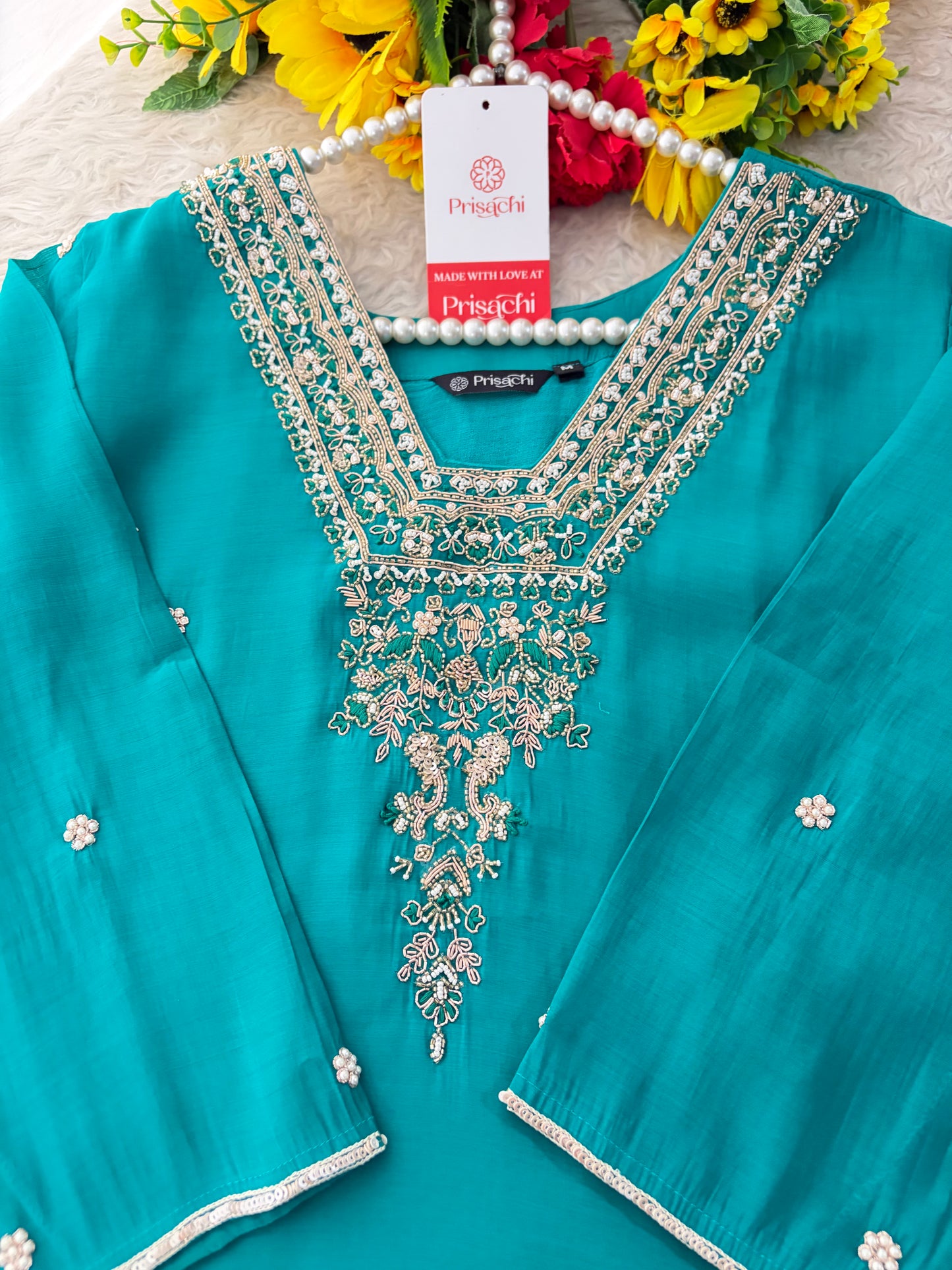 Peacock Green Embroidered Straight Kurta Set with Dupatta and Pants