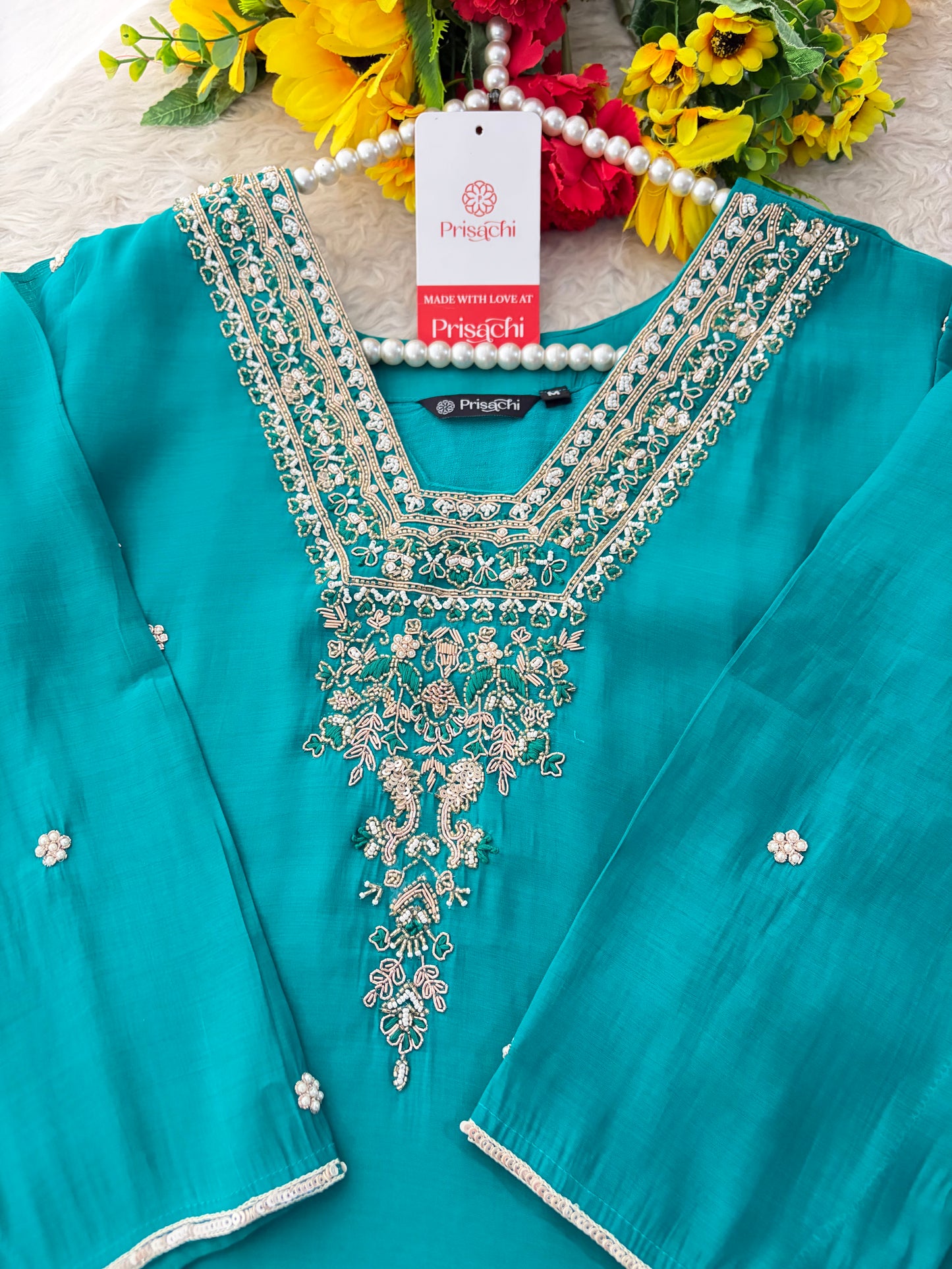 Peacock Green Embroidered Straight Kurta Set with Dupatta and Pants