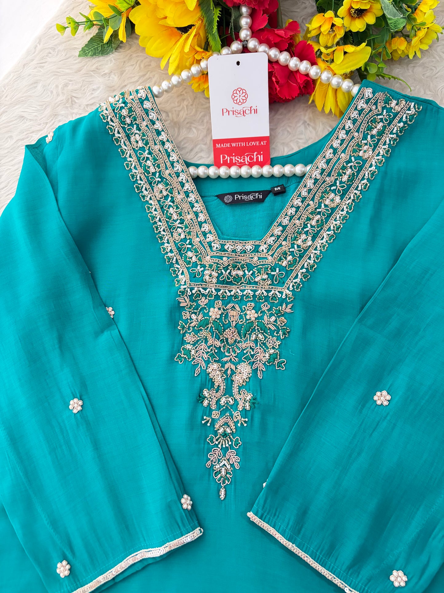 Peacock Green Embroidered Straight Kurta Set with Dupatta and Pants