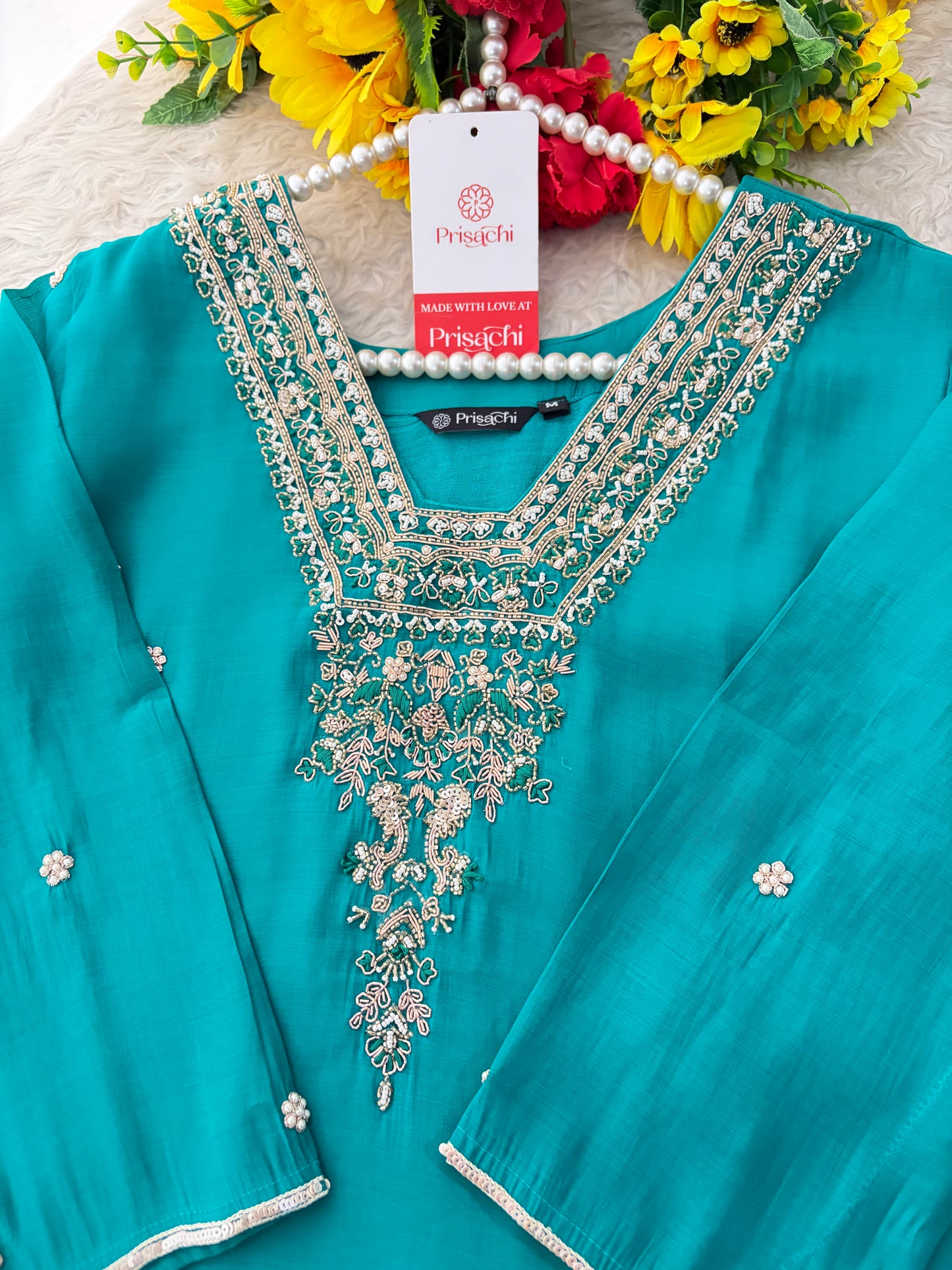 Peacock Green Embroidered Straight Kurta Set with Dupatta and Pants