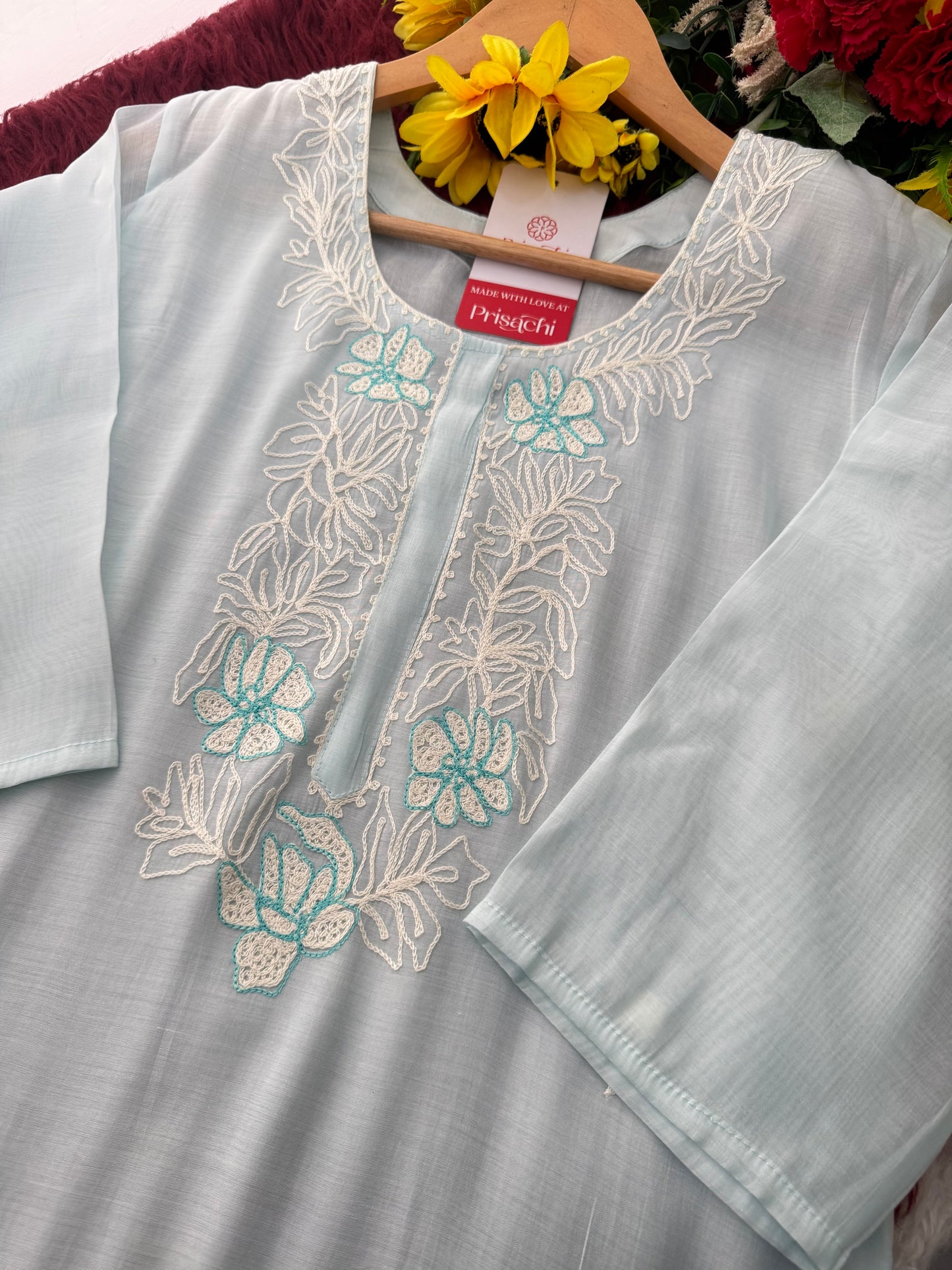Blue Floral Thread Embroidered Ethnic Kurta Set with Pants and Dupatta | Traditional, Casual & Office Wear