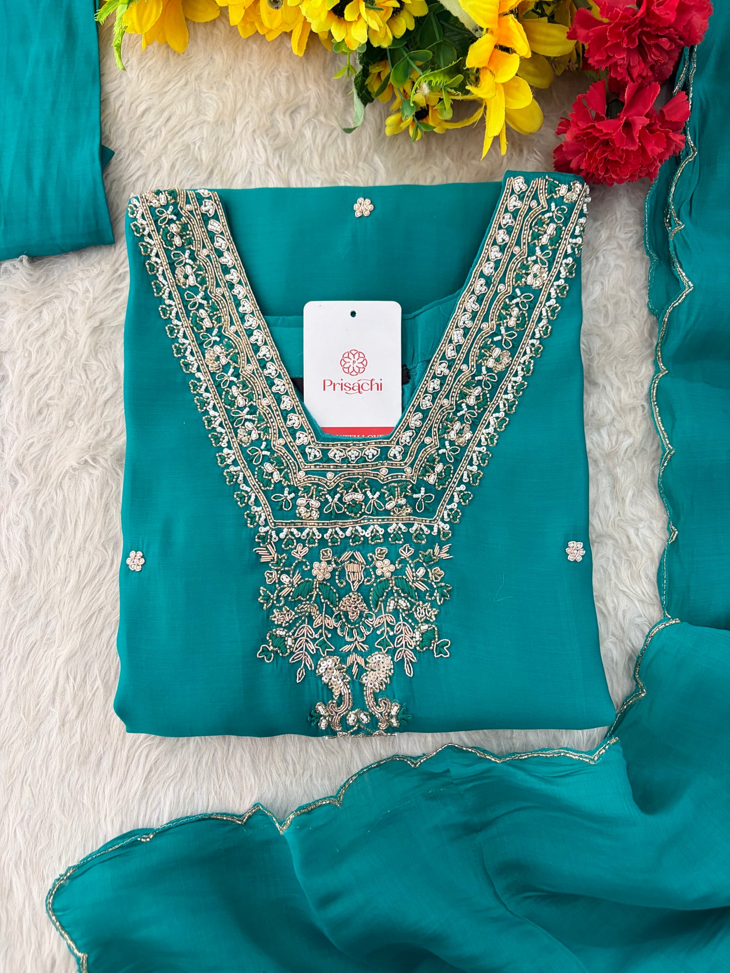 Designer Embroidered Straight Kurta Set with Dupatta and Pants