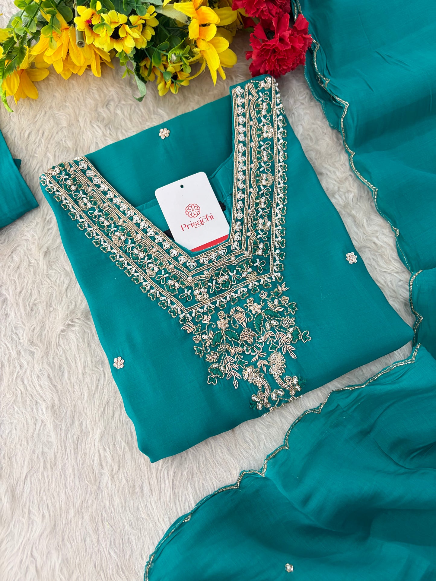 Peacock Green Embroidered Straight Kurta Set with Dupatta and Pants