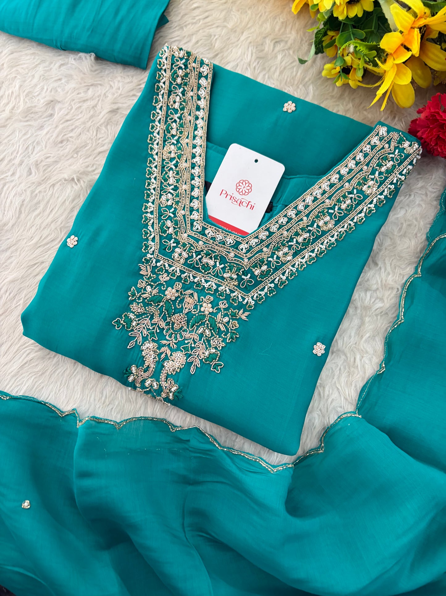 Peacock Green Embroidered Straight Kurta Set with Dupatta and Pants