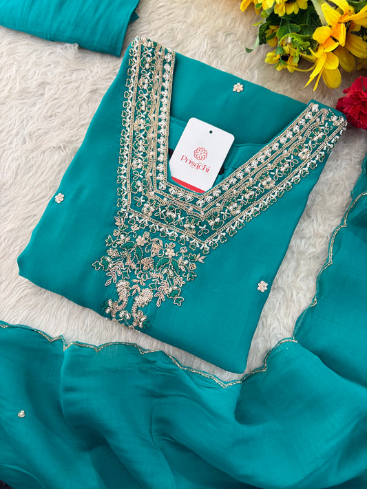 Peacock Green Embroidered Straight Kurta Set with Dupatta and Pants