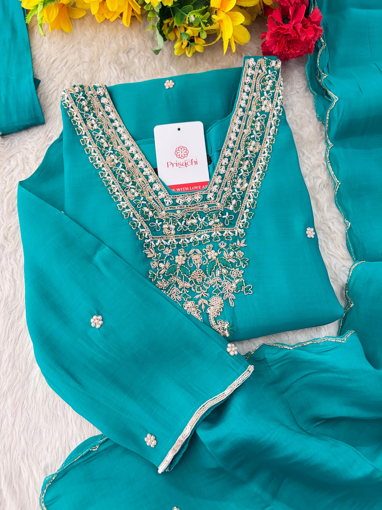 Peacock Green Embroidered Straight Kurta Set with Dupatta and Pants