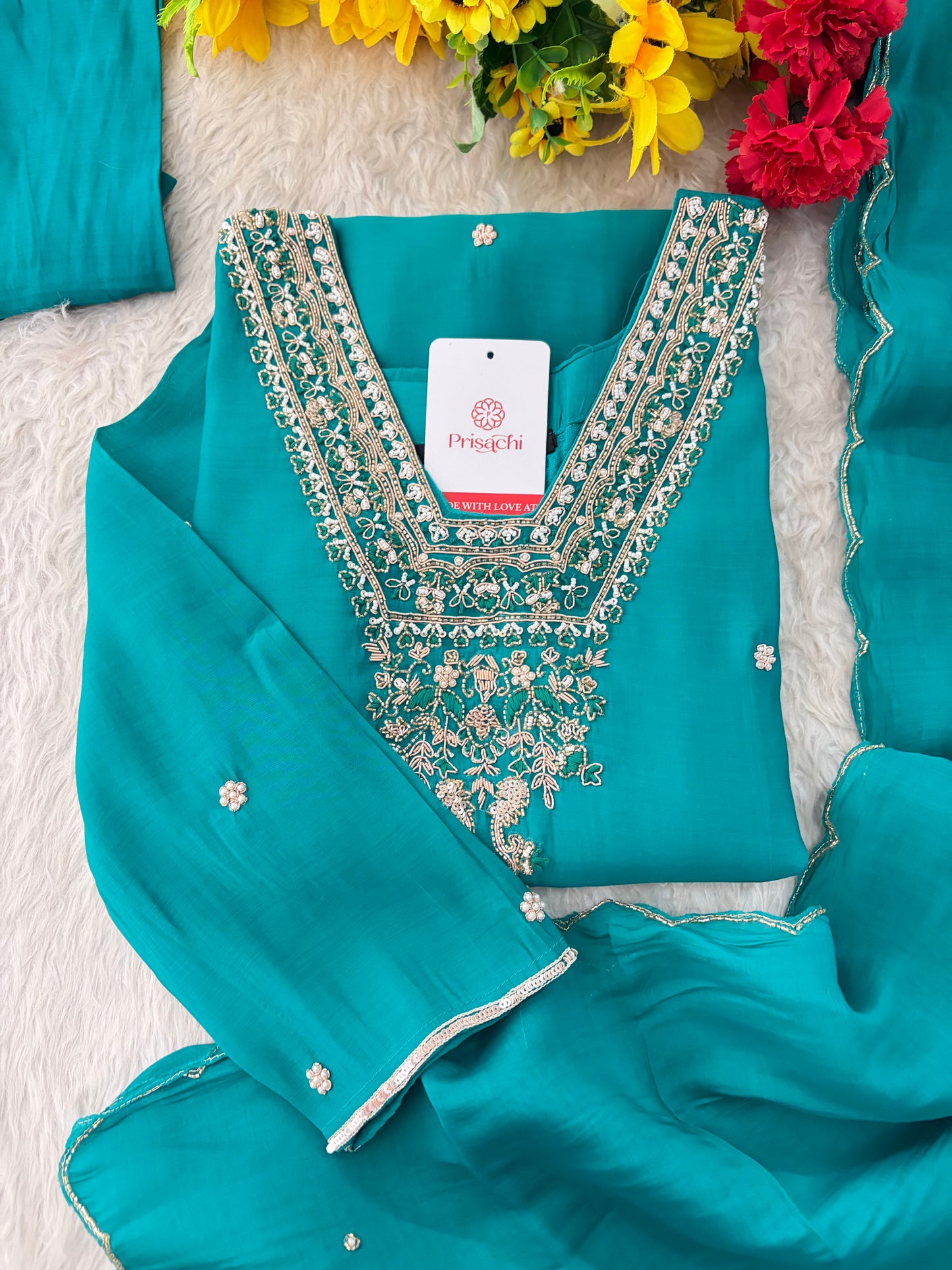 Designer Embroidered Straight Kurta Set with Dupatta and Pants