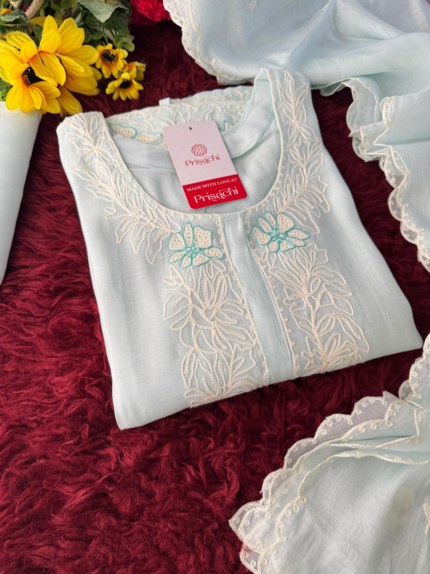 Blue Floral Thread Embroidered Ethnic Kurta Set with Pants and Dupatta | Traditional, Casual & Office Wear