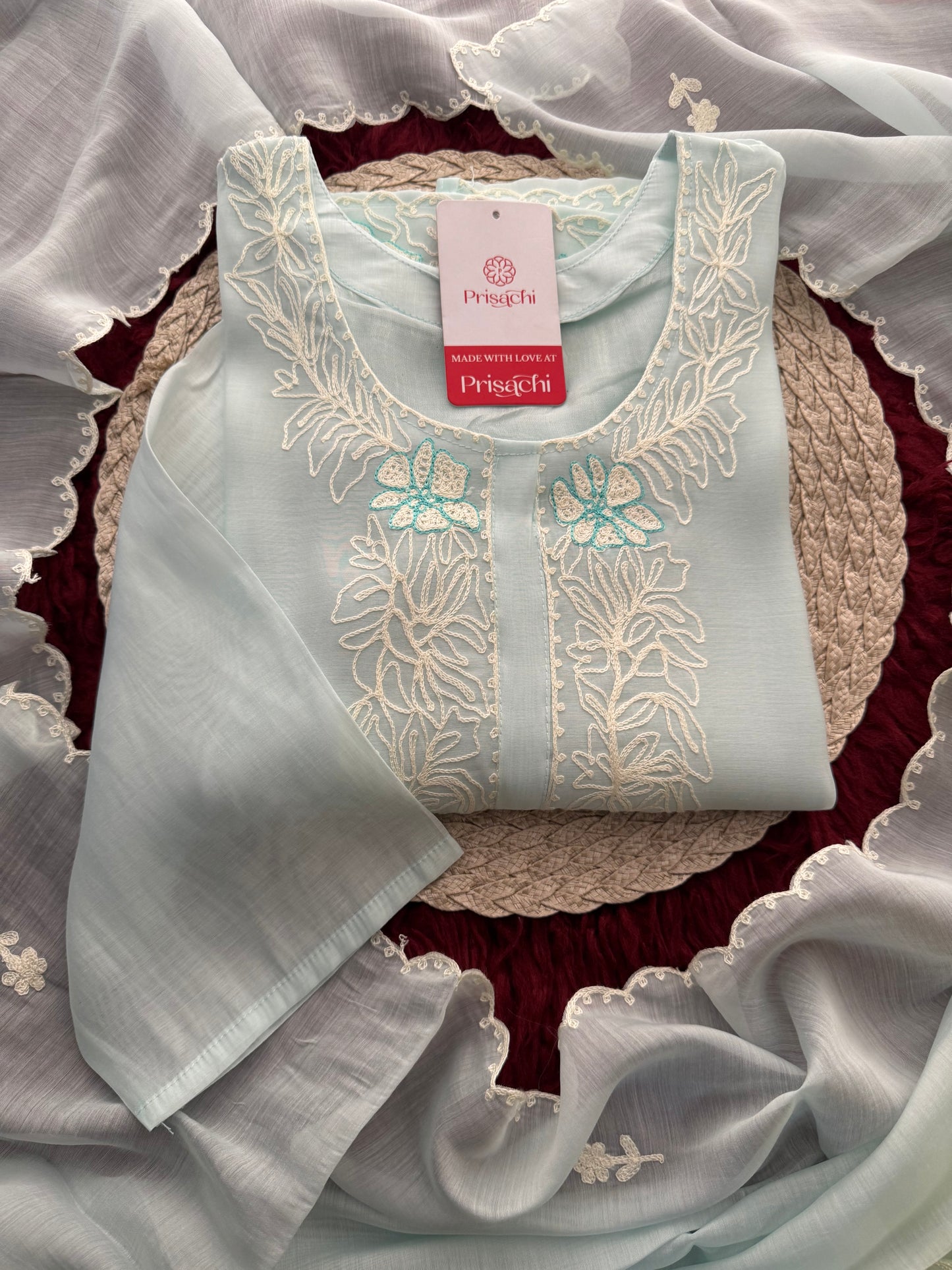 Blue Floral Thread Embroidered Ethnic Kurta Set with Pants and Dupatta | Traditional, Casual & Office Wear