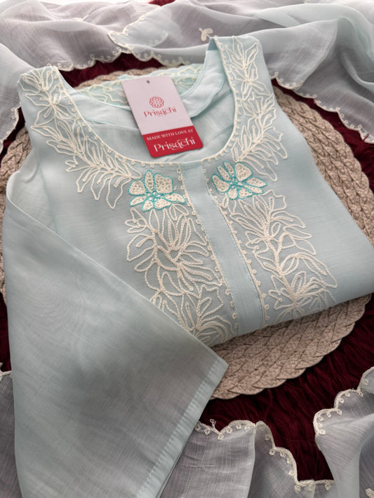 Elegant Floral Thread Embroidered Pastel Kurta Set with Pants and Dupatta | Festive, Casual & Office Wear
