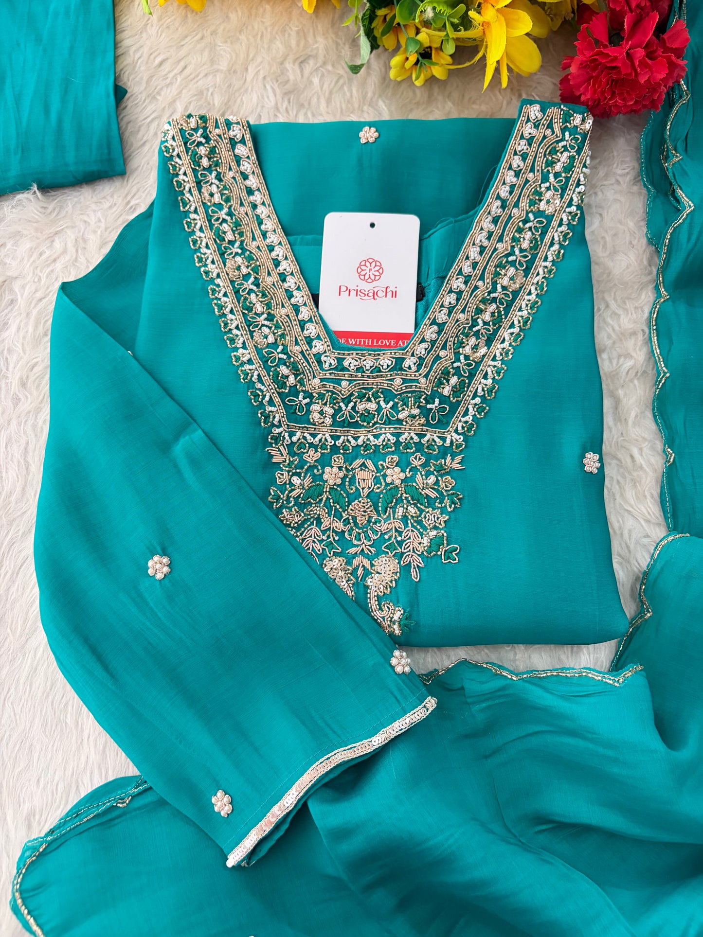 Peacock Green Embroidered Straight Kurta Set with Dupatta and Pants