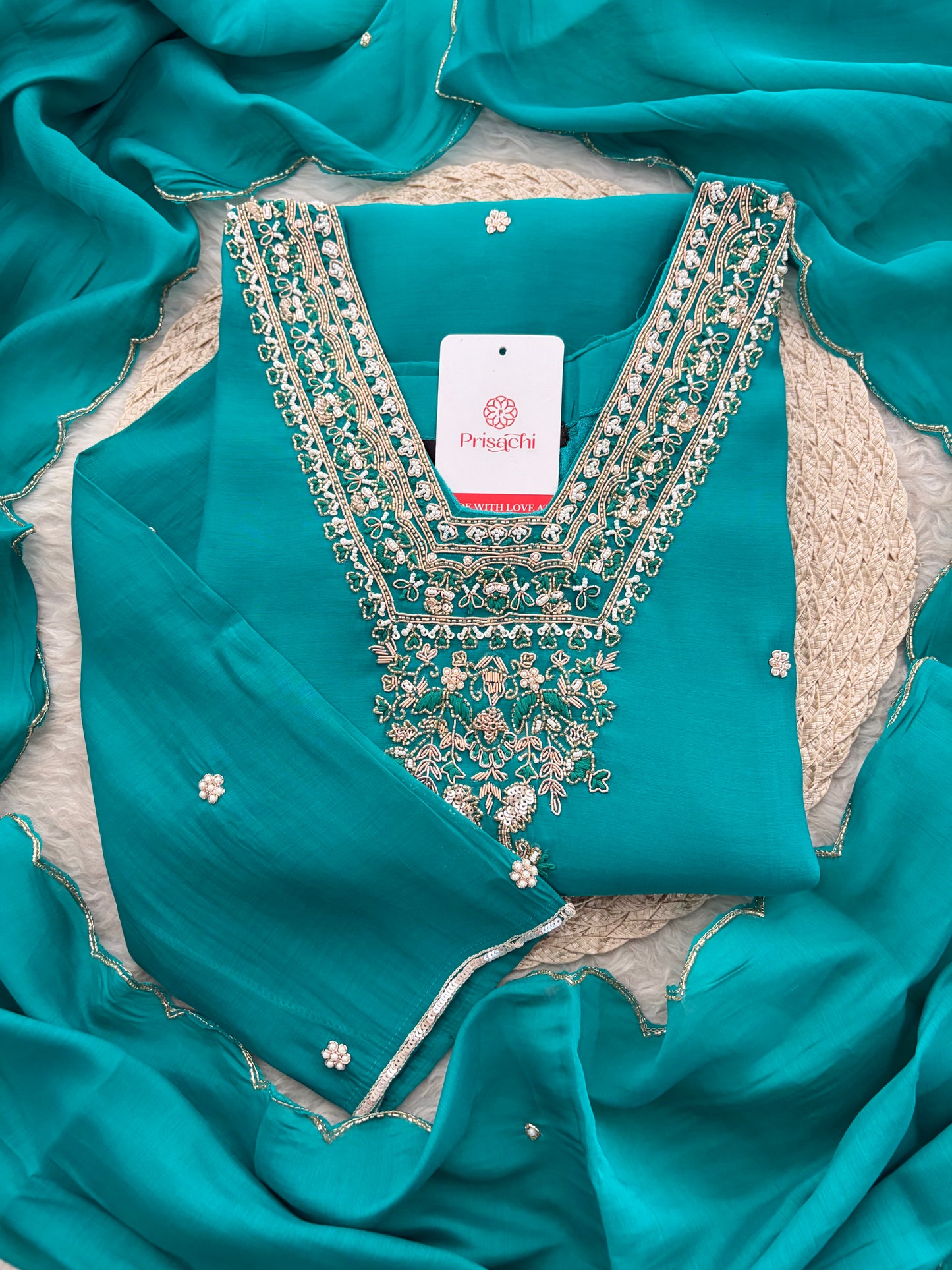 Peacock Green Embroidered Straight Kurta Set with Dupatta and Pants