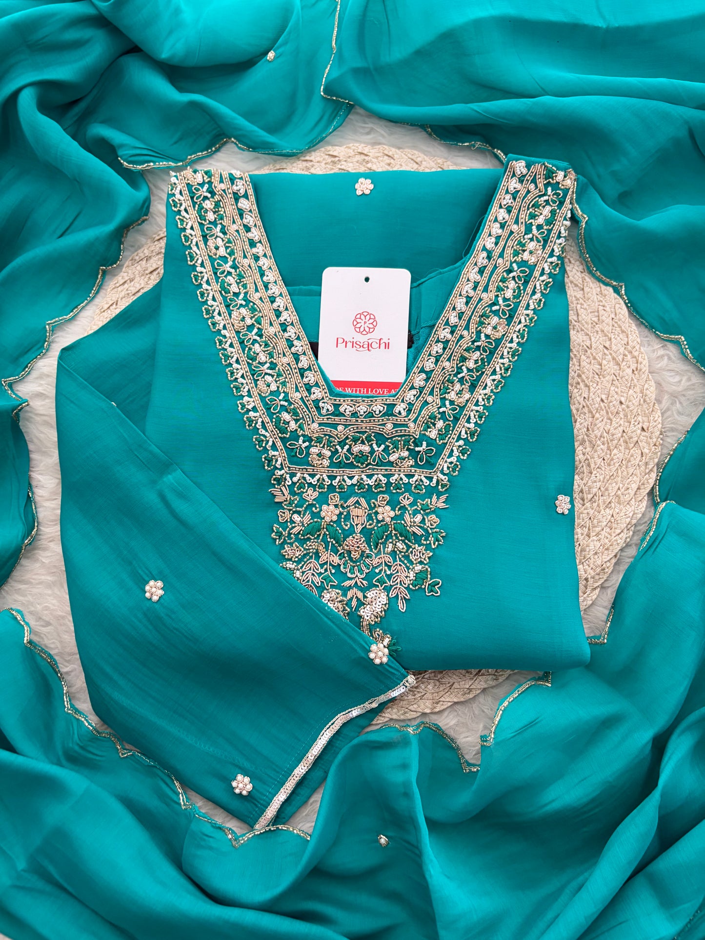 Peacock Green Embroidered Straight Kurta Set with Dupatta and Pants