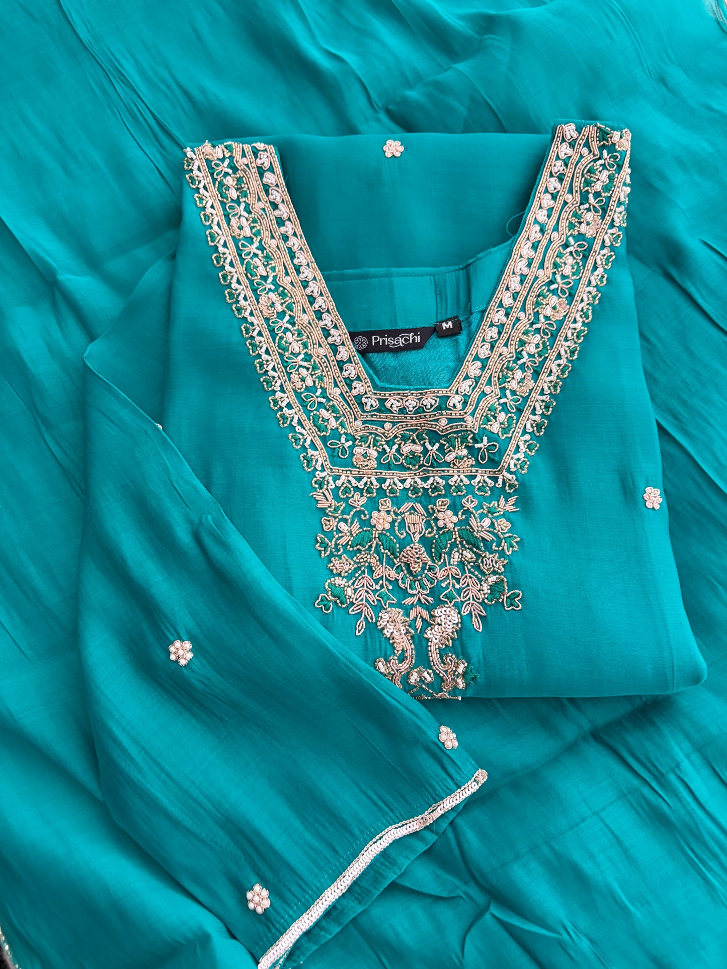 Peacock Green Embroidered Straight Kurta Set with Dupatta and Pants