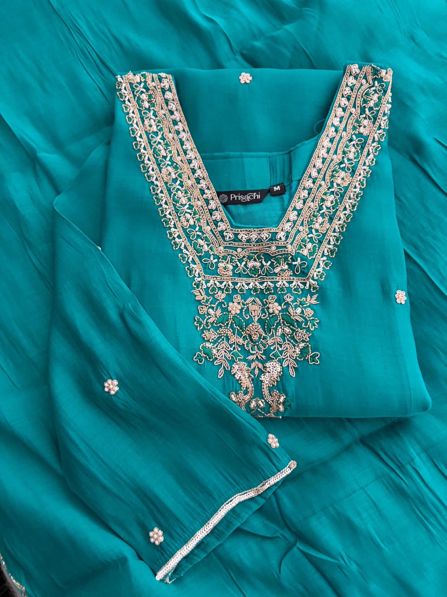Peacock Green Embroidered Straight Kurta Set with Dupatta and Pants