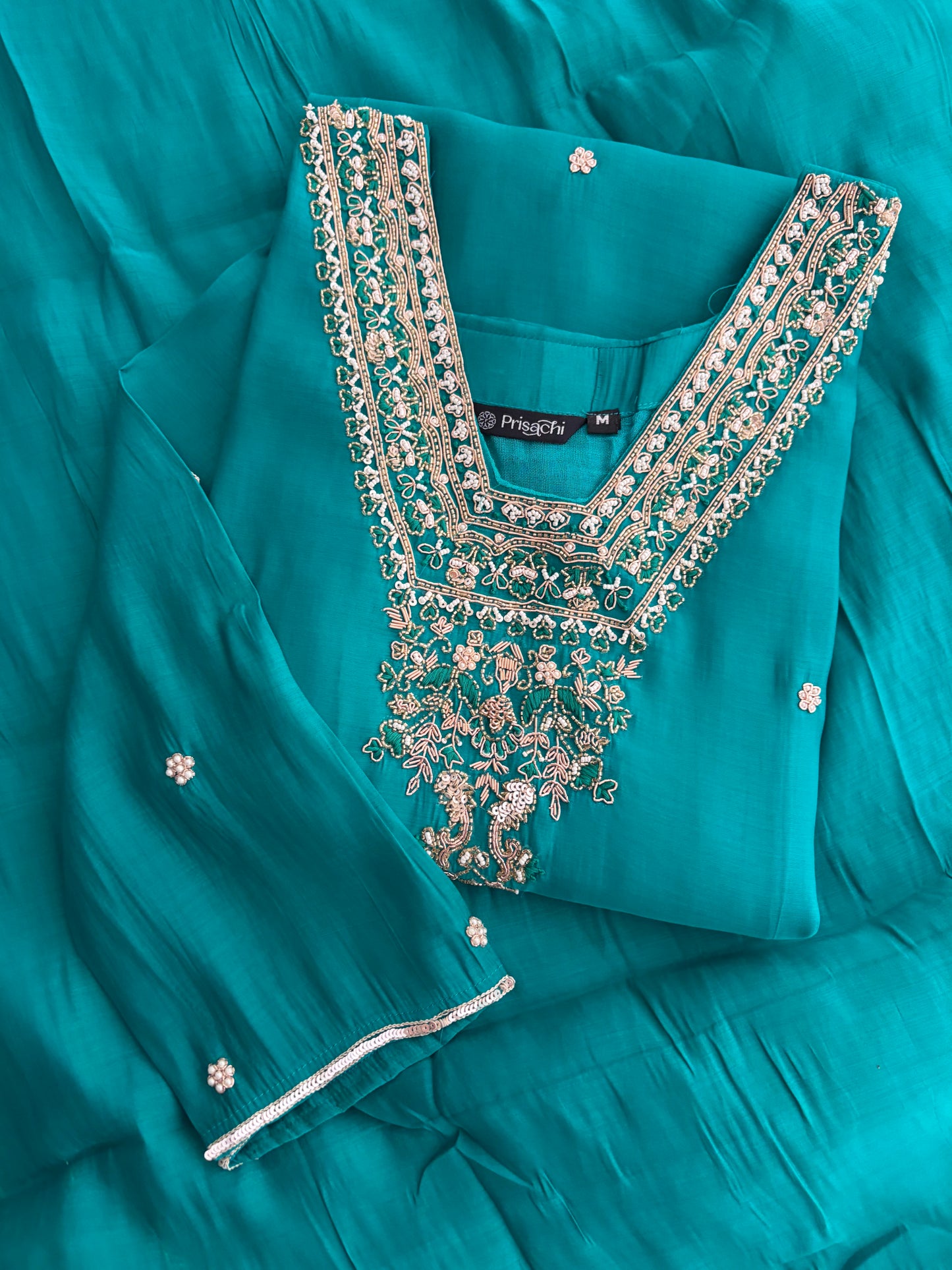 Peacock Green Embroidered Straight Kurta Set with Dupatta and Pants