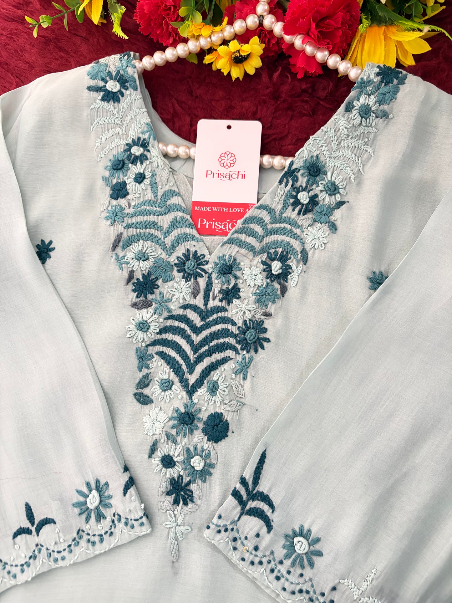 Blue Embroidered Ethnic Kurta set with Pants and Dupatta For Women's | Festive Party Wear Suit Set