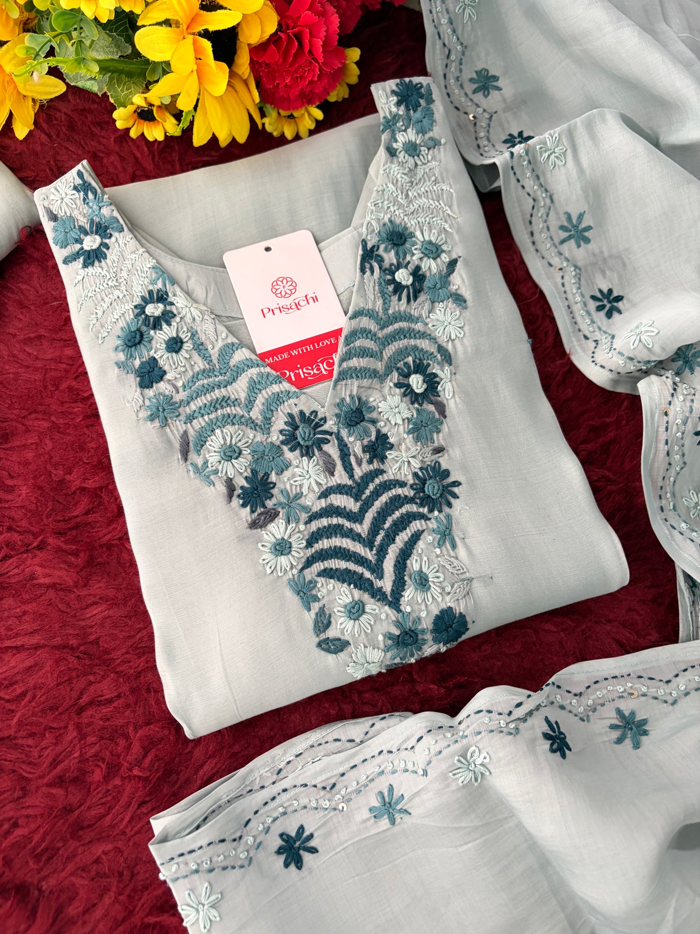 Blue Embroidered Ethnic Kurta set with Pants and Dupatta For Women's | Festive Party Wear Suit Set